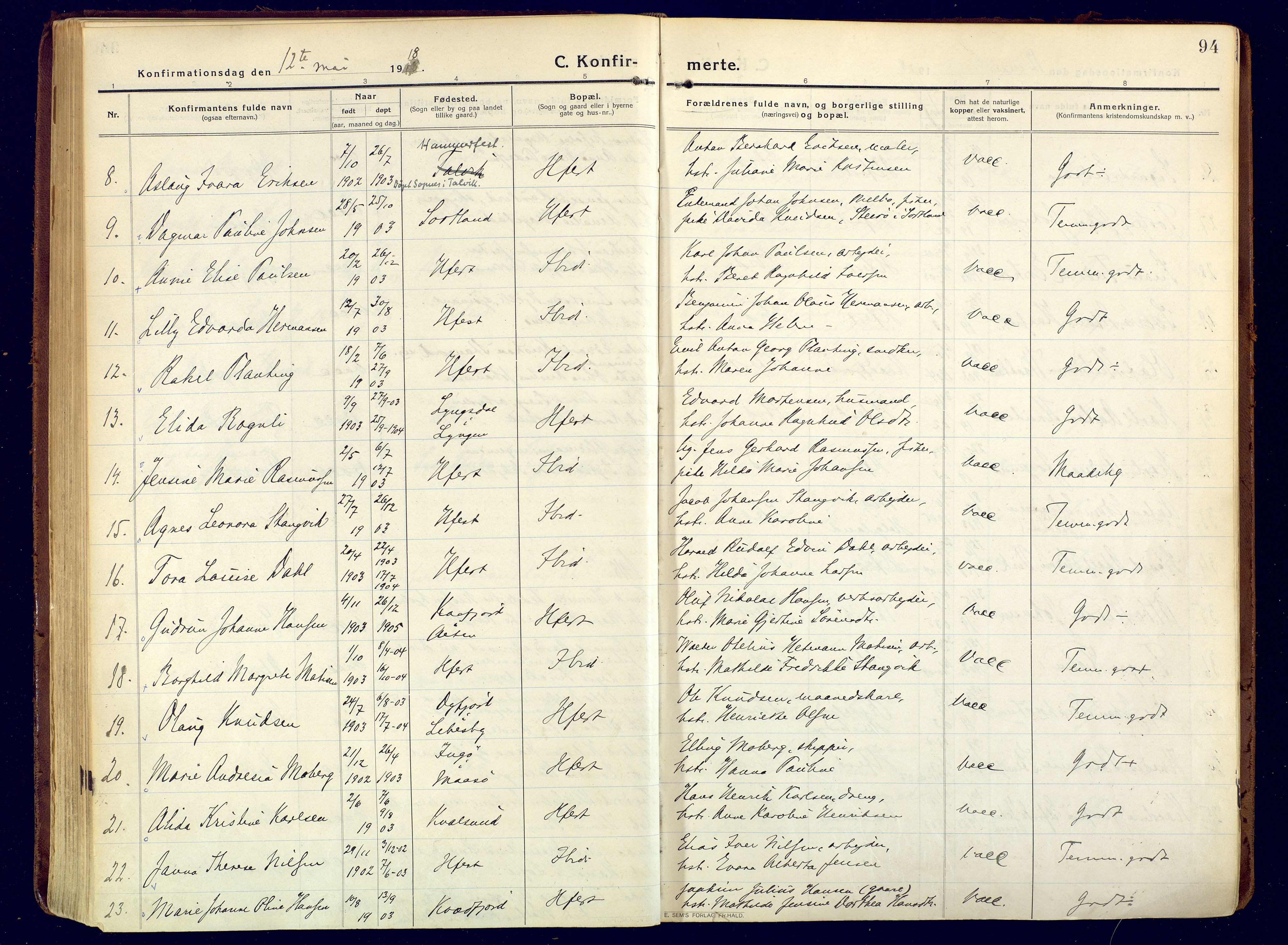 Hammerfest sokneprestkontor, AV/SATØ-S-1347/H/Ha/L0015.kirke: Parish register (official) no. 15, 1916-1923, p. 94