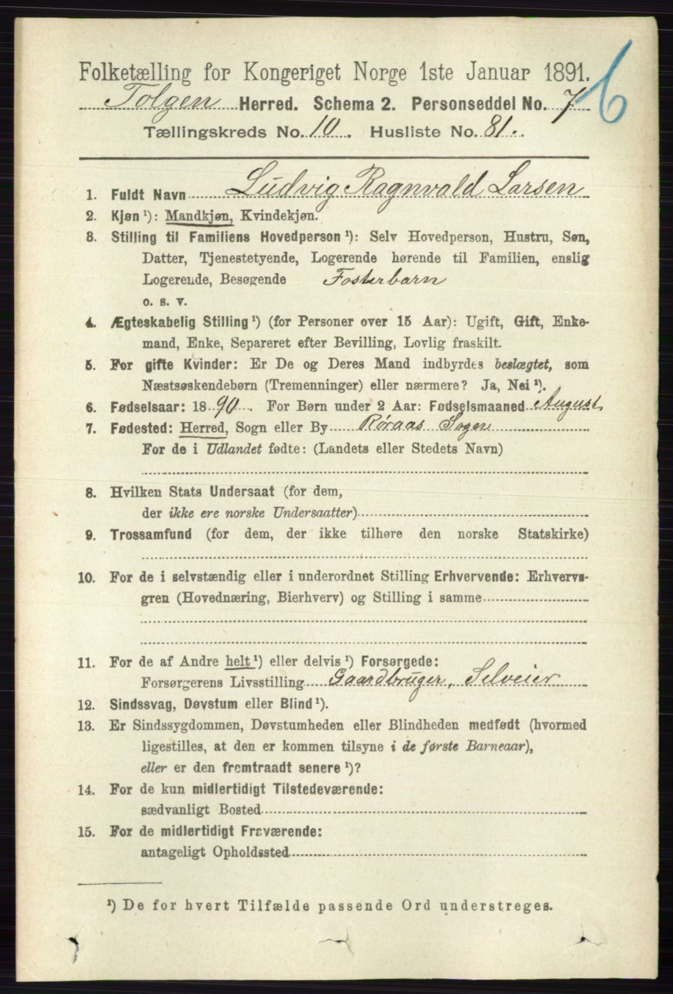 RA, 1891 census for 0436 Tolga, 1891, p. 3138