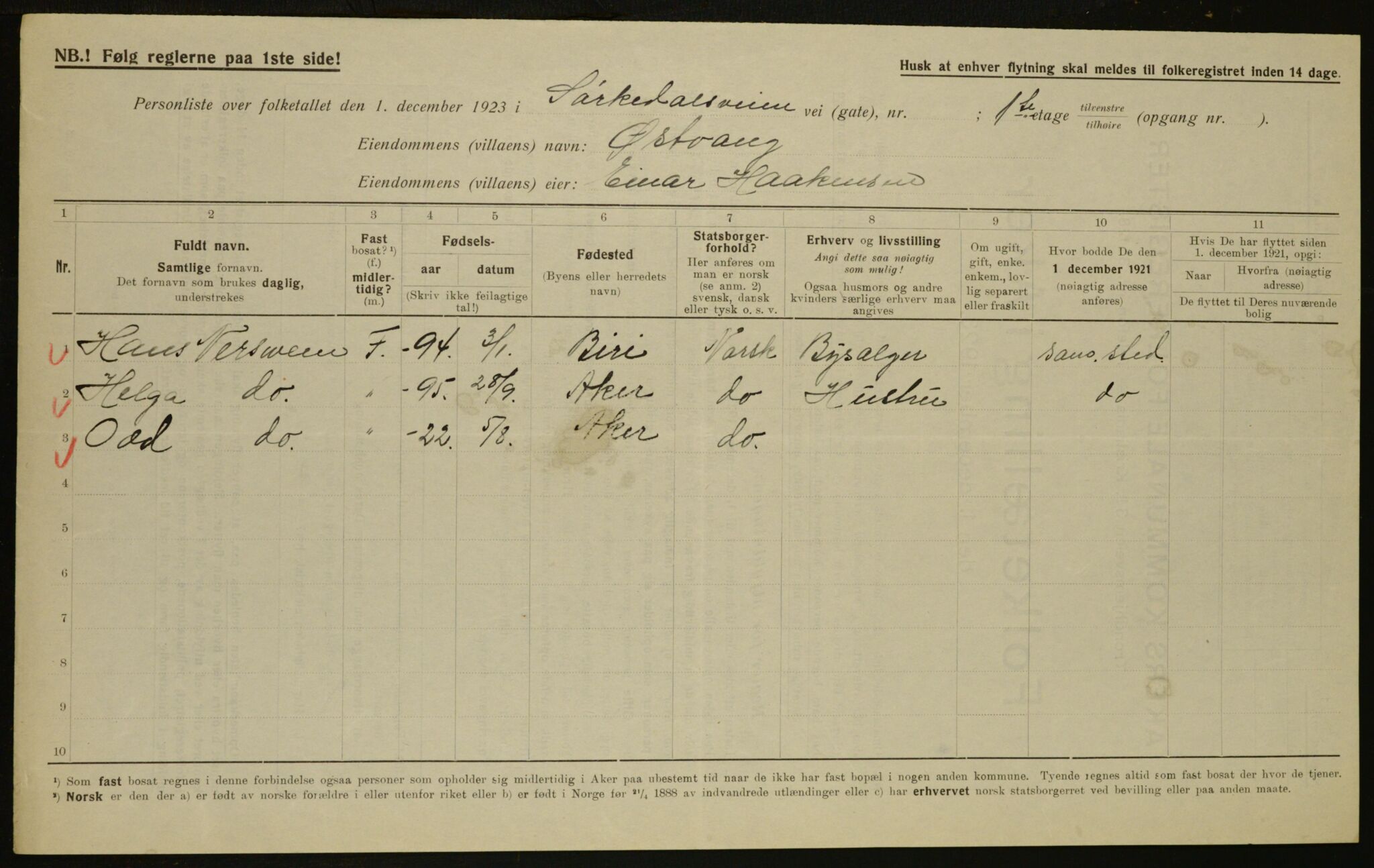 , Municipal Census 1923 for Aker, 1923, p. 6570