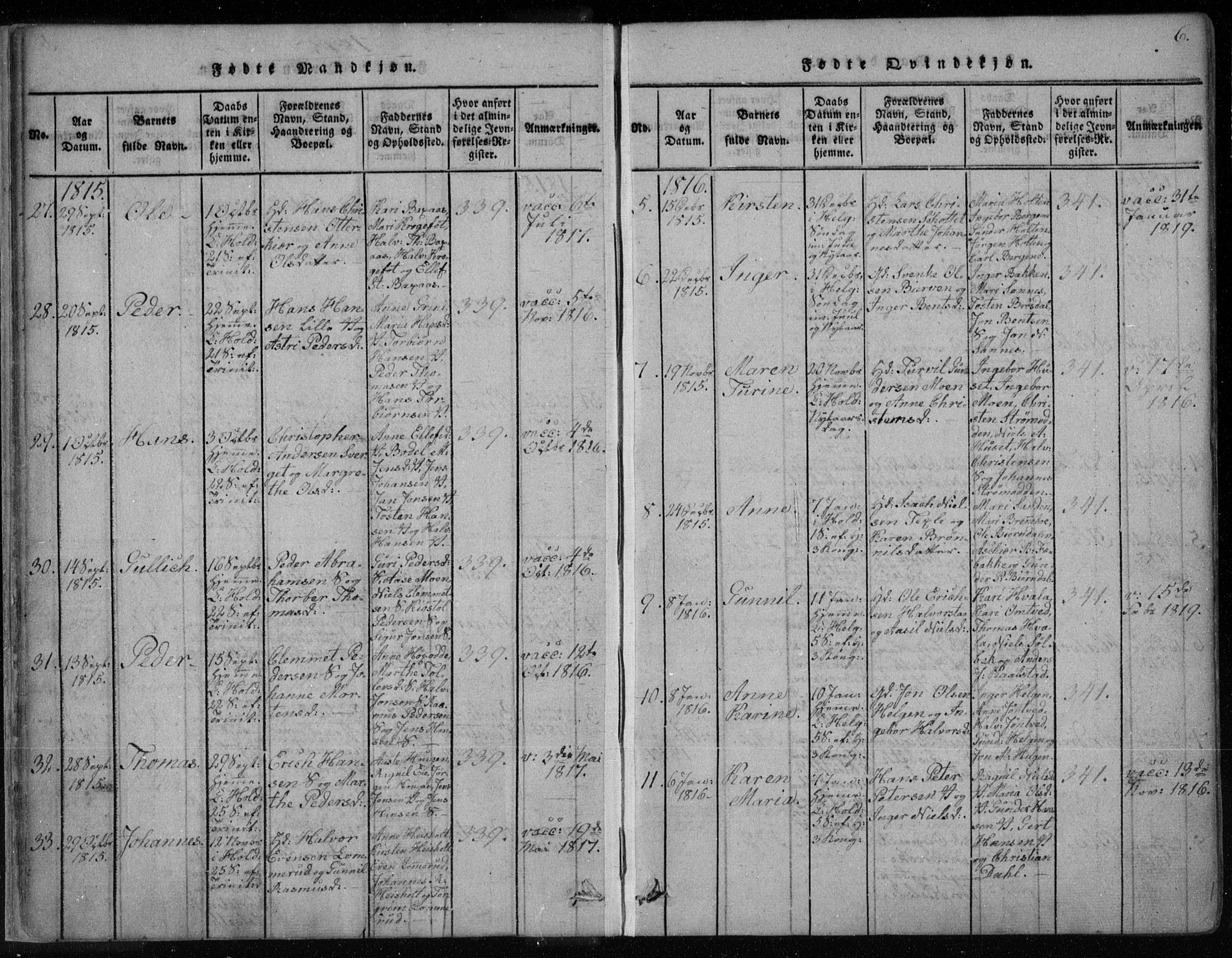 Holla kirkebøker, AV/SAKO-A-272/F/Fa/L0003: Parish register (official) no. 3, 1815-1830, p. 6