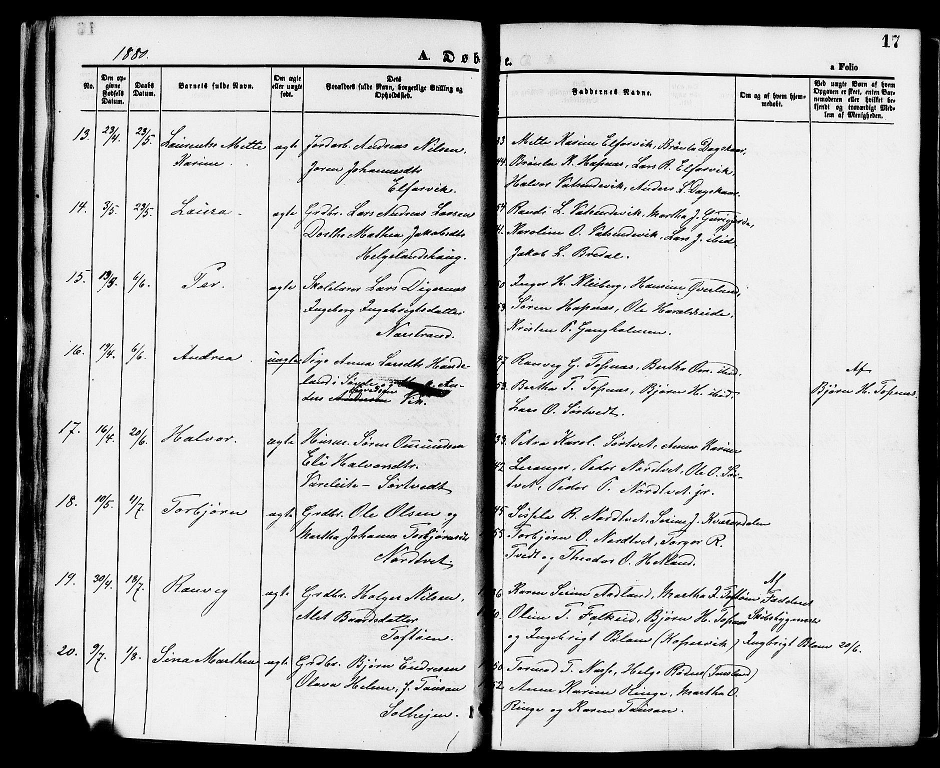 Nedstrand sokneprestkontor, SAST/A-101841/01/IV: Parish register (official) no. A 11, 1877-1887, p. 17