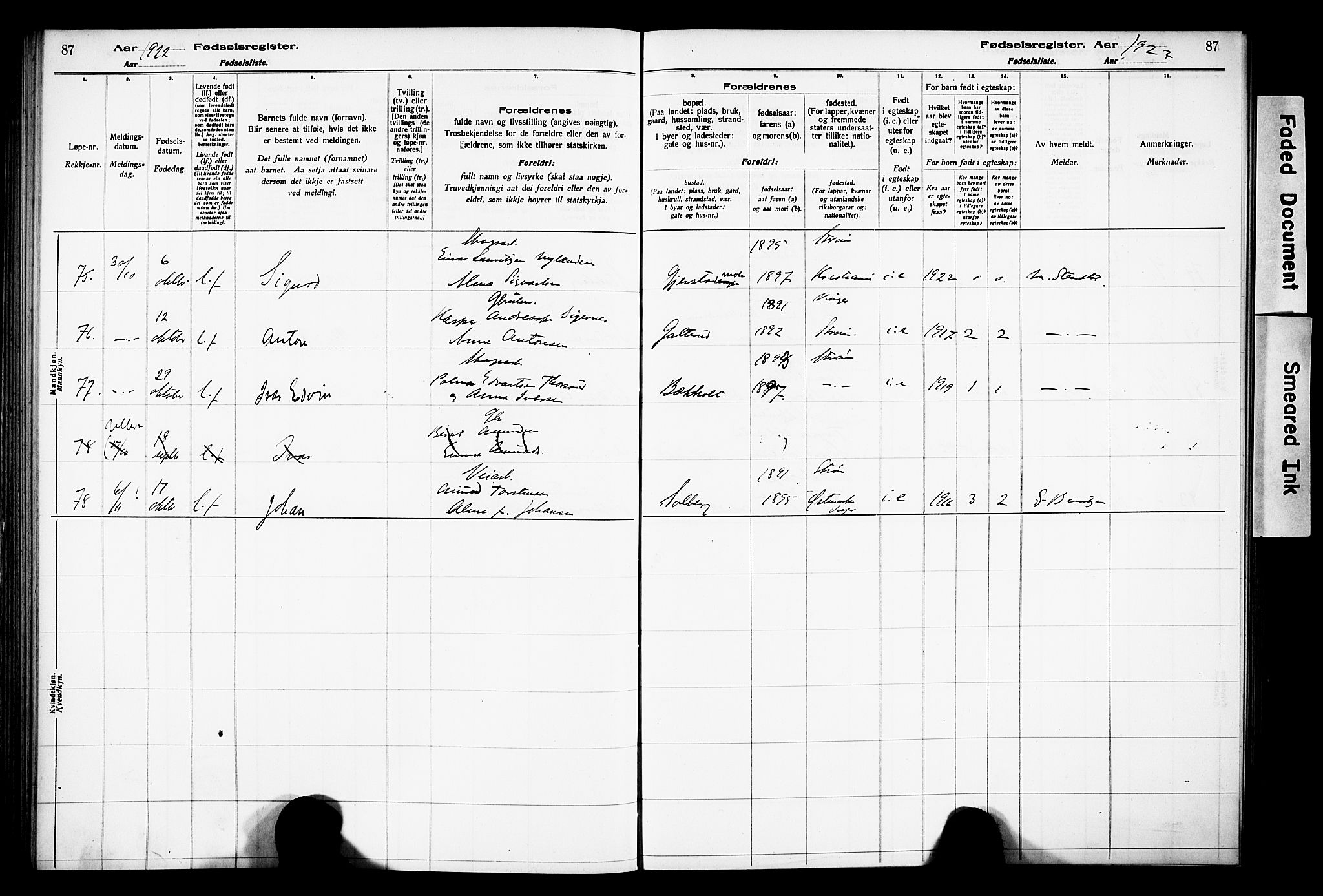 Sør-Odal prestekontor, AV/SAH-PREST-030/I/Id: Birth register no. 1, 1916-1931, p. 87