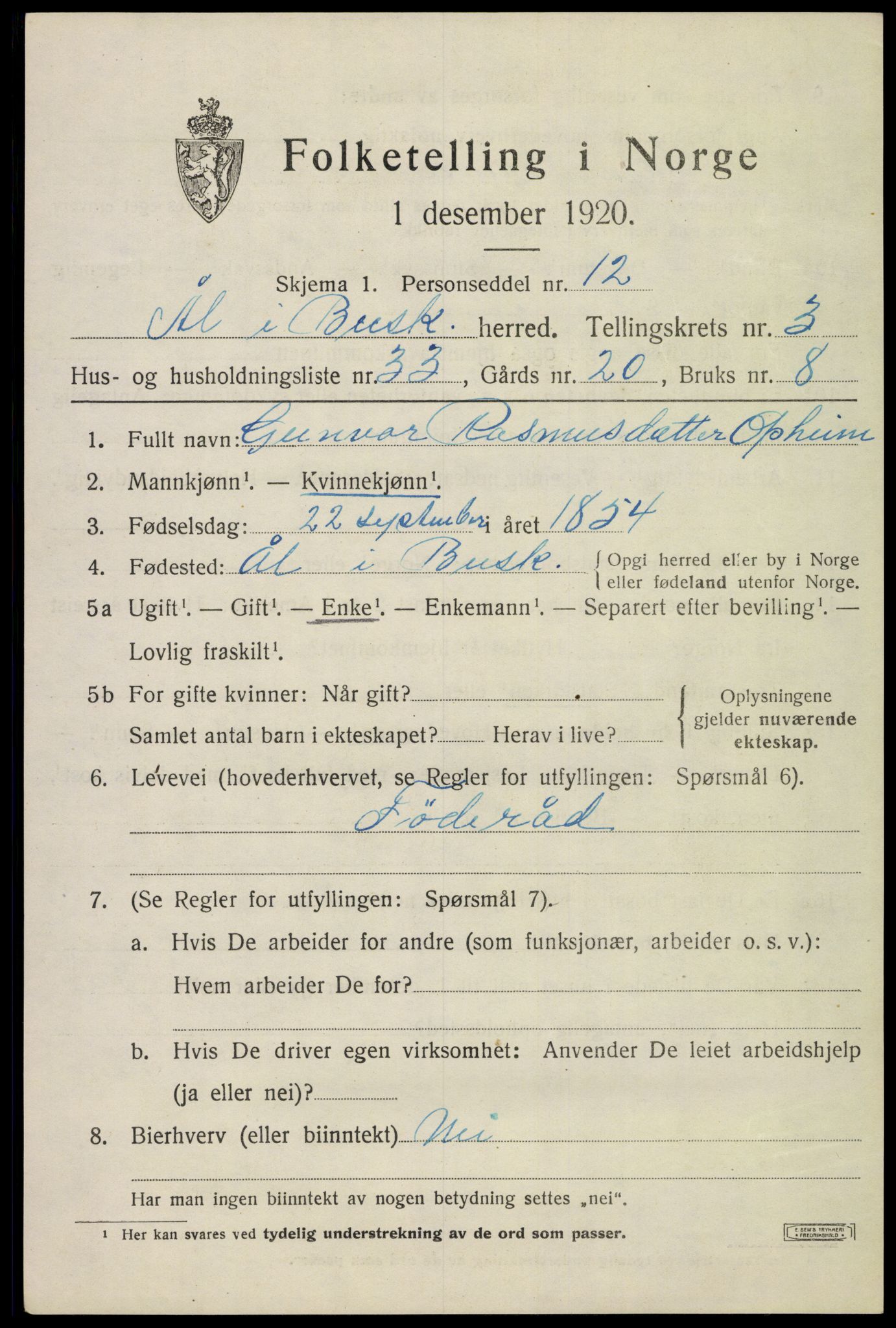 SAKO, 1920 census for Ål, 1920, p. 2766