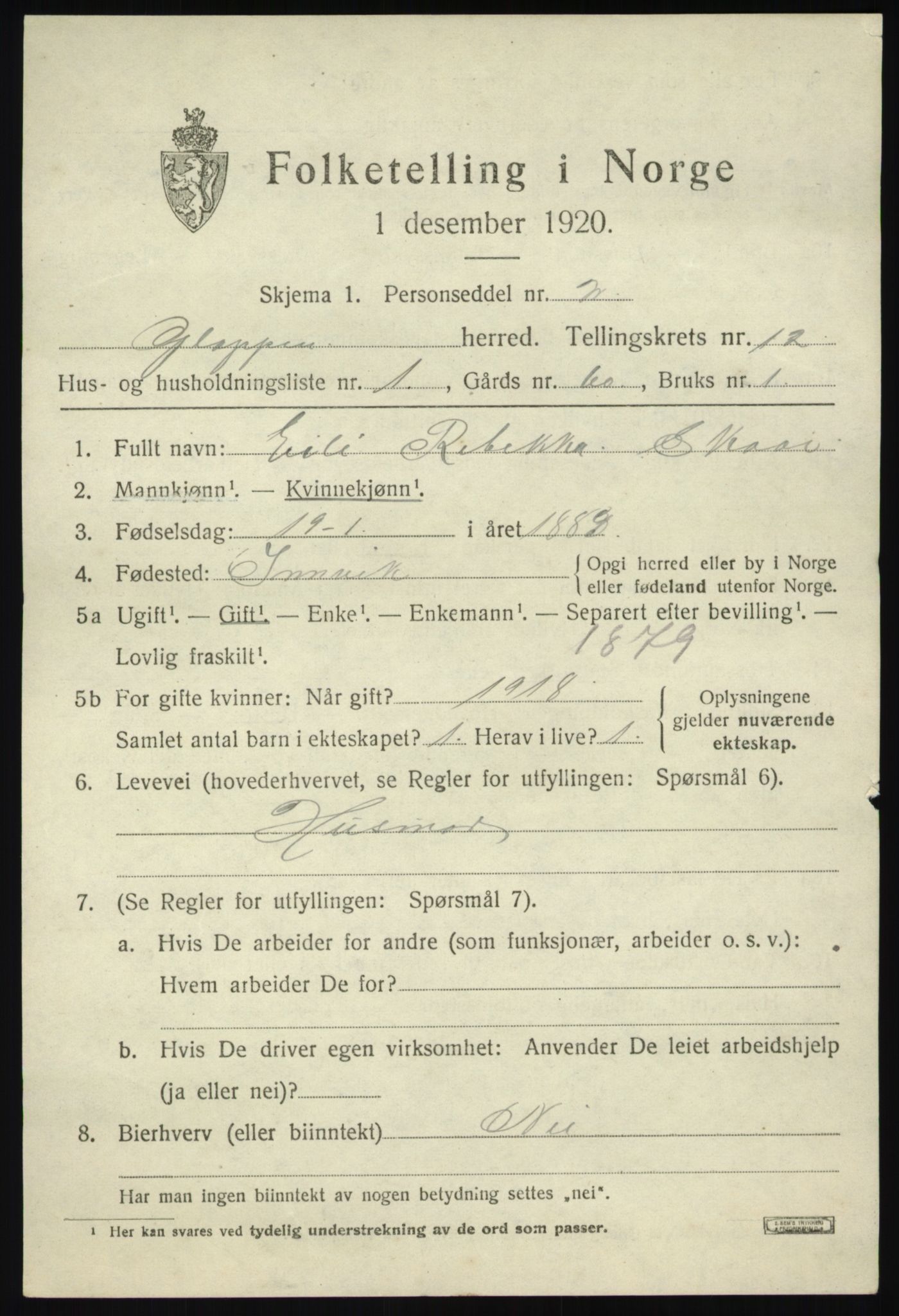 SAB, 1920 census for Gloppen, 1920, p. 6070