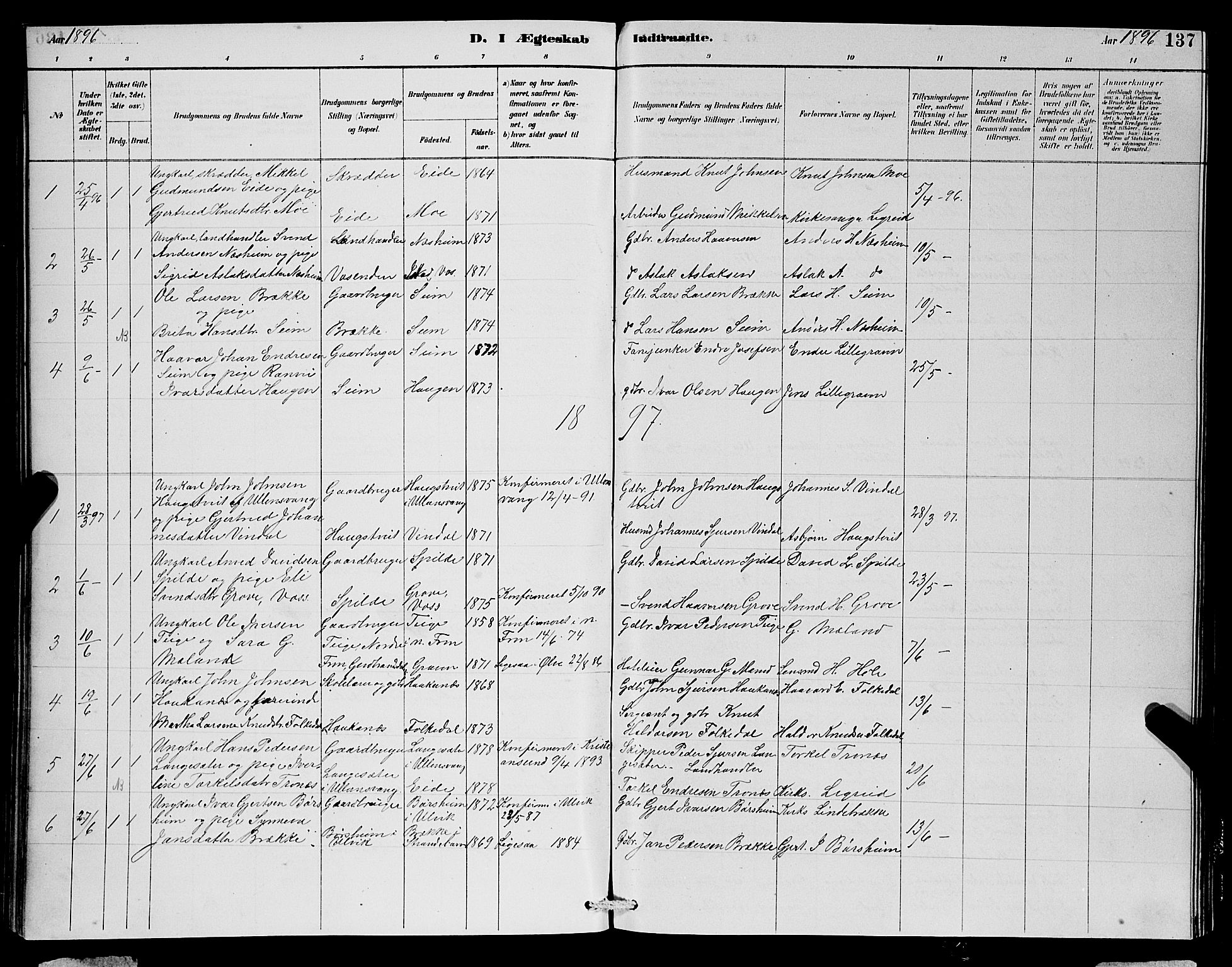 Ulvik sokneprestembete, SAB/A-78801/H/Hab: Parish register (copy) no. B 3, 1884-1901, p. 137