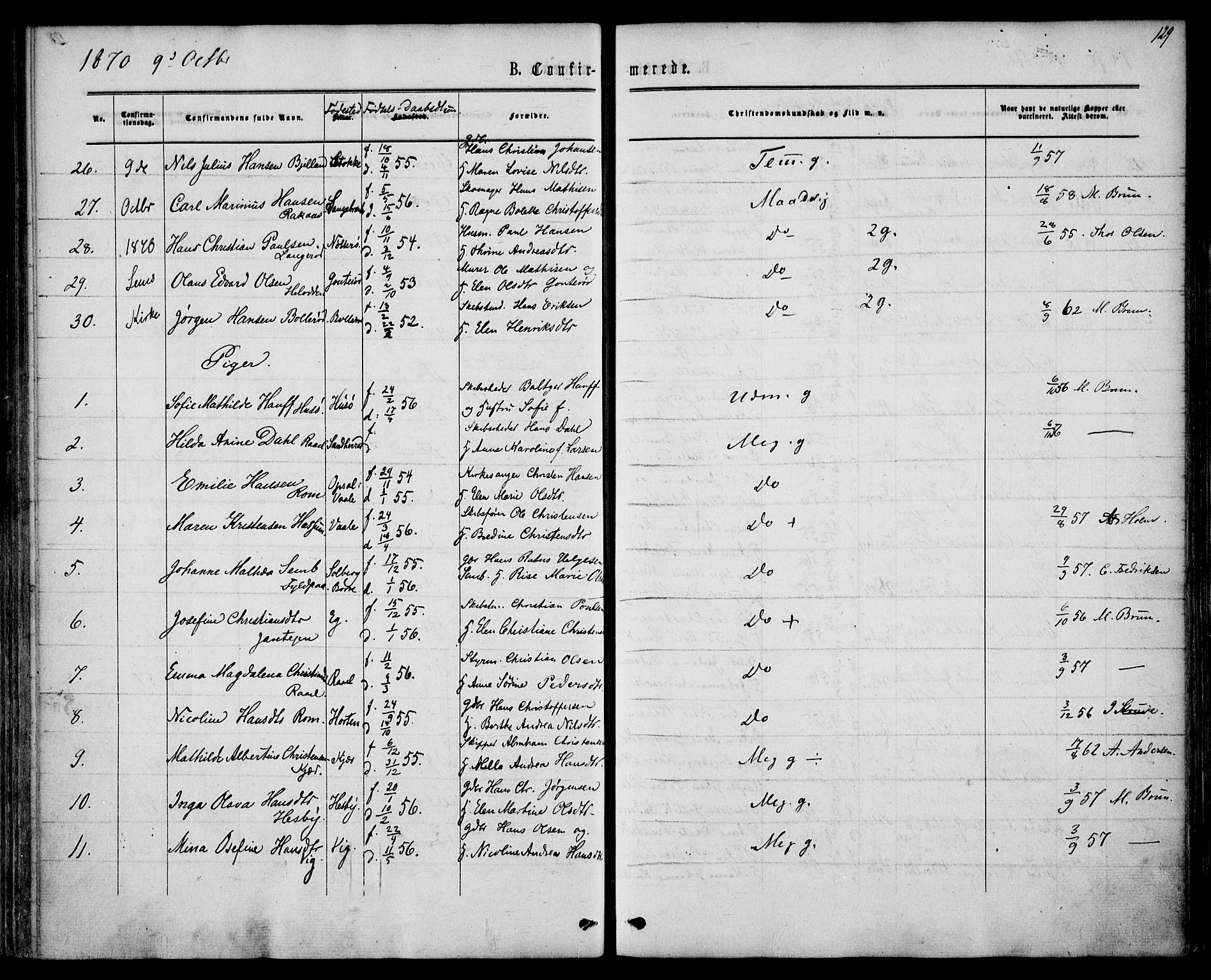 Sem kirkebøker, AV/SAKO-A-5/F/Fa/L0008: Parish register (official) no. I 8, 1866-1873, p. 129