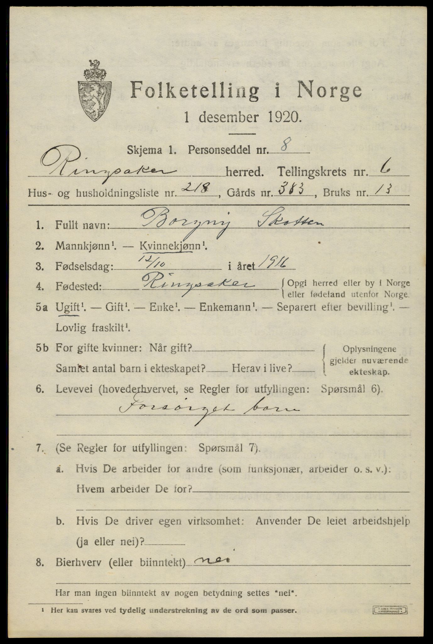 SAH, 1920 census for Ringsaker, 1920, p. 14840