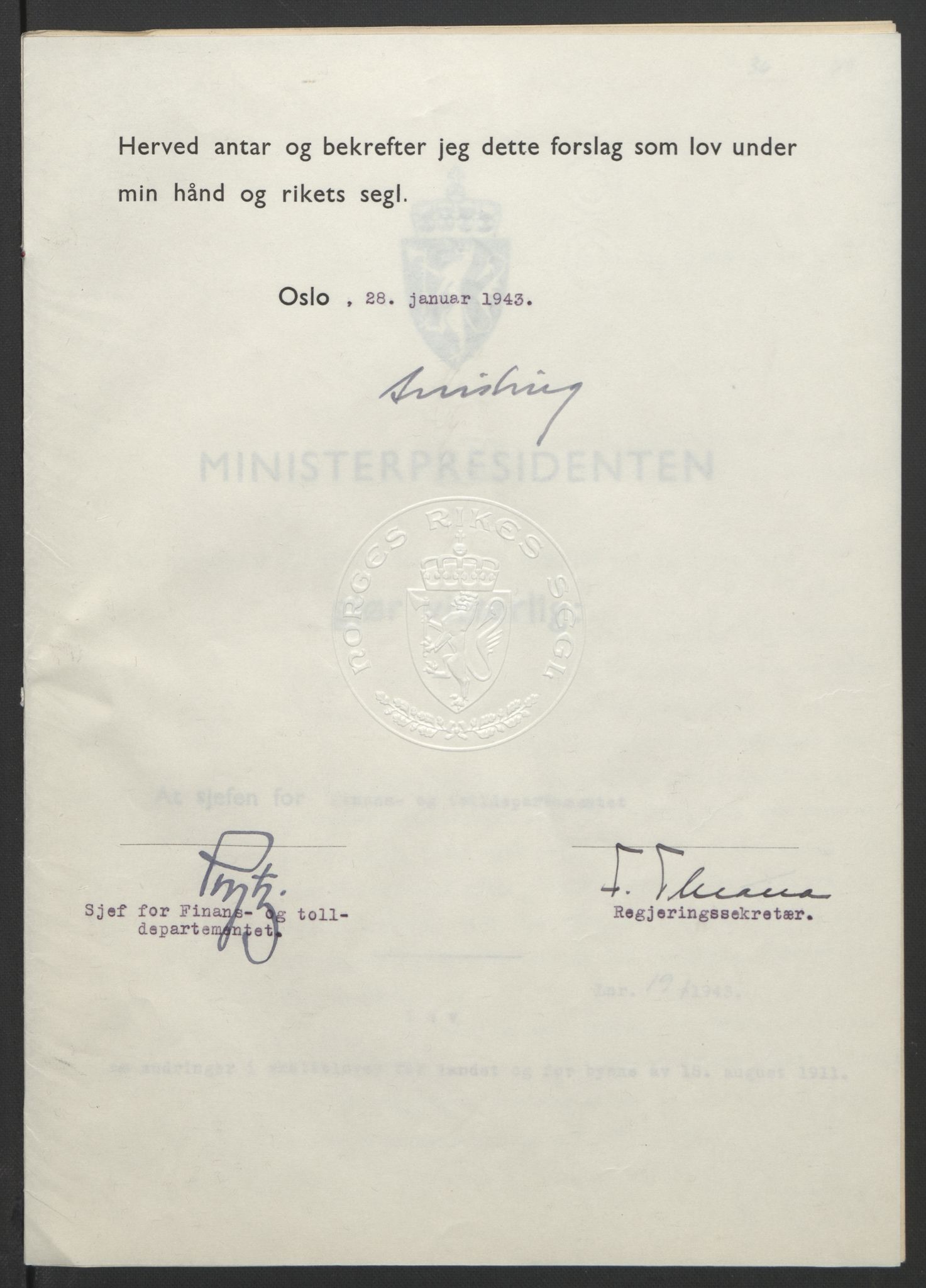 NS-administrasjonen 1940-1945 (Statsrådsekretariatet, de kommisariske statsråder mm), RA/S-4279/D/Db/L0099: Lover, 1943, p. 80