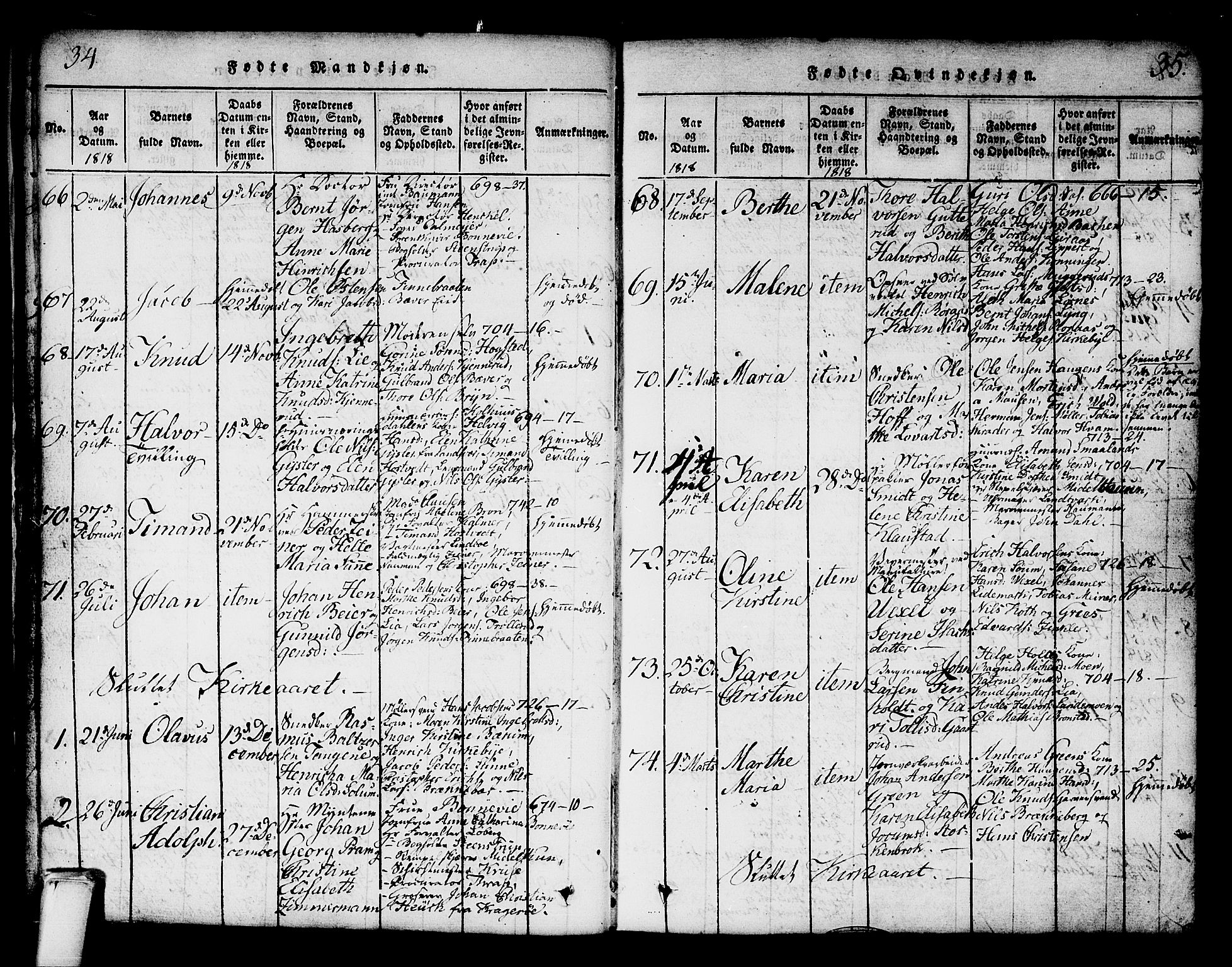 Kongsberg kirkebøker, AV/SAKO-A-22/G/Ga/L0001: Parish register (copy) no. 1, 1816-1839, p. 34-35