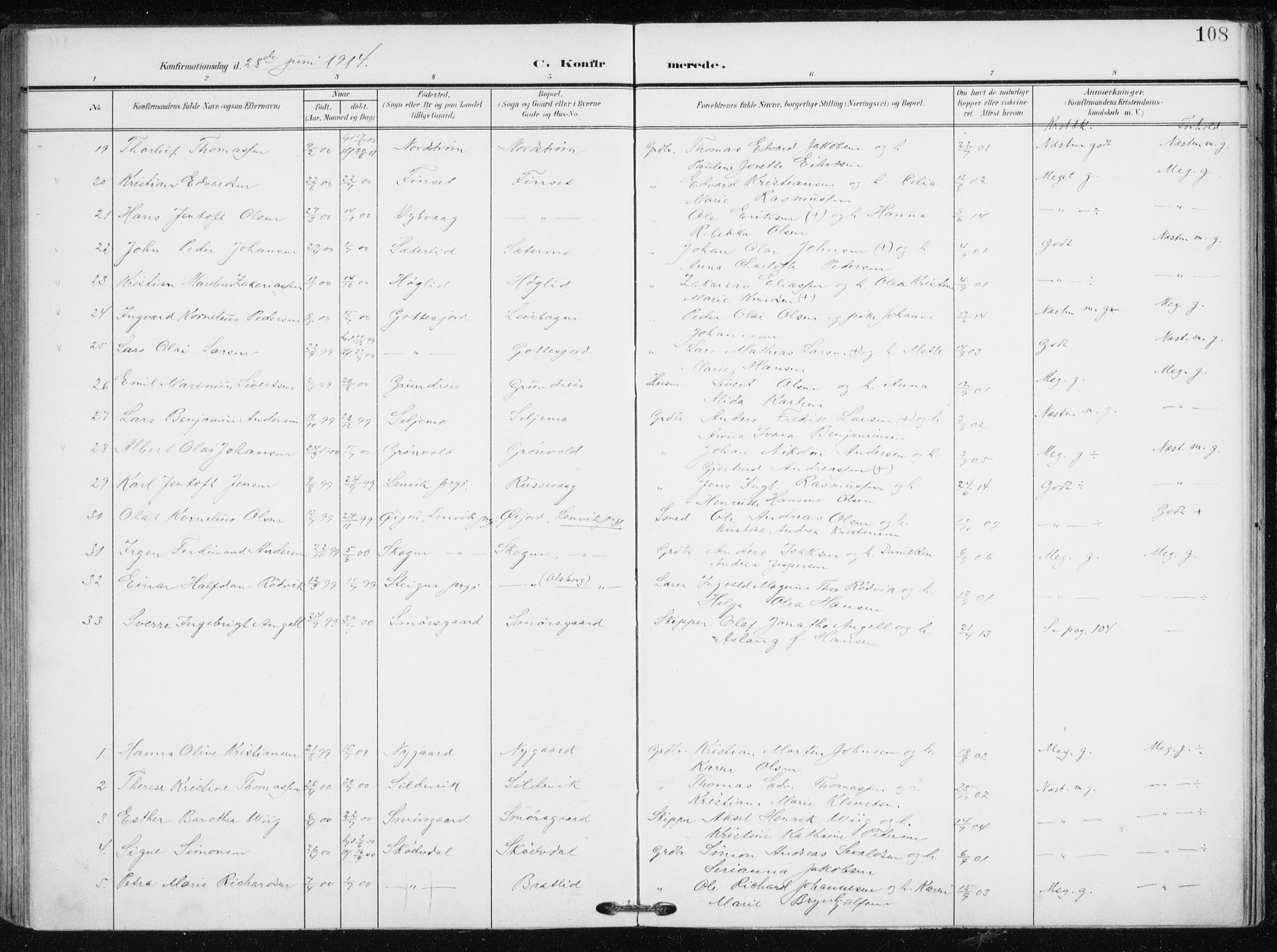 Tranøy sokneprestkontor, SATØ/S-1313/I/Ia/Iaa/L0012kirke: Parish register (official) no. 12, 1905-1918, p. 108