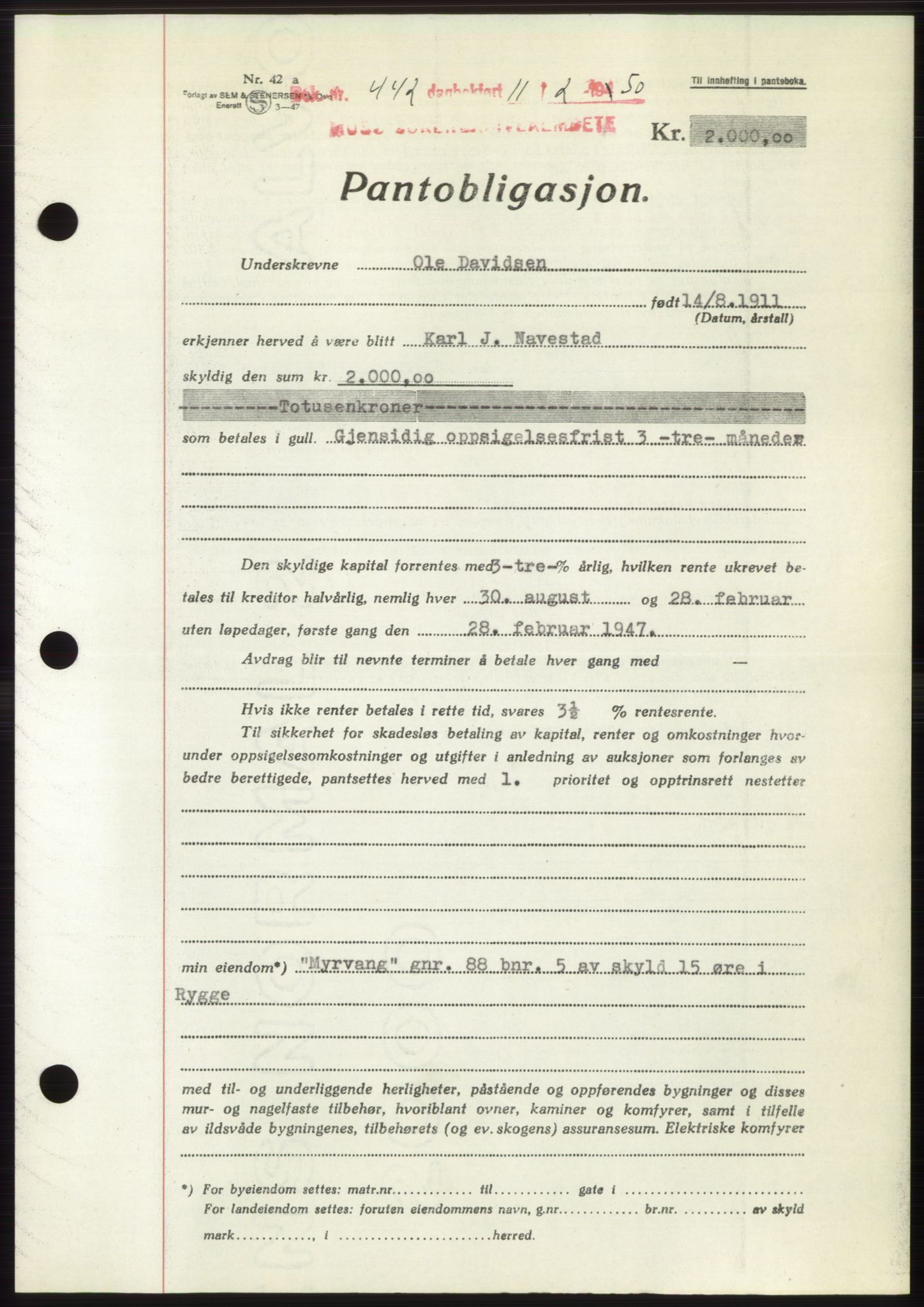 Moss sorenskriveri, SAO/A-10168: Mortgage book no. B23, 1949-1950, Diary no: : 442/1950