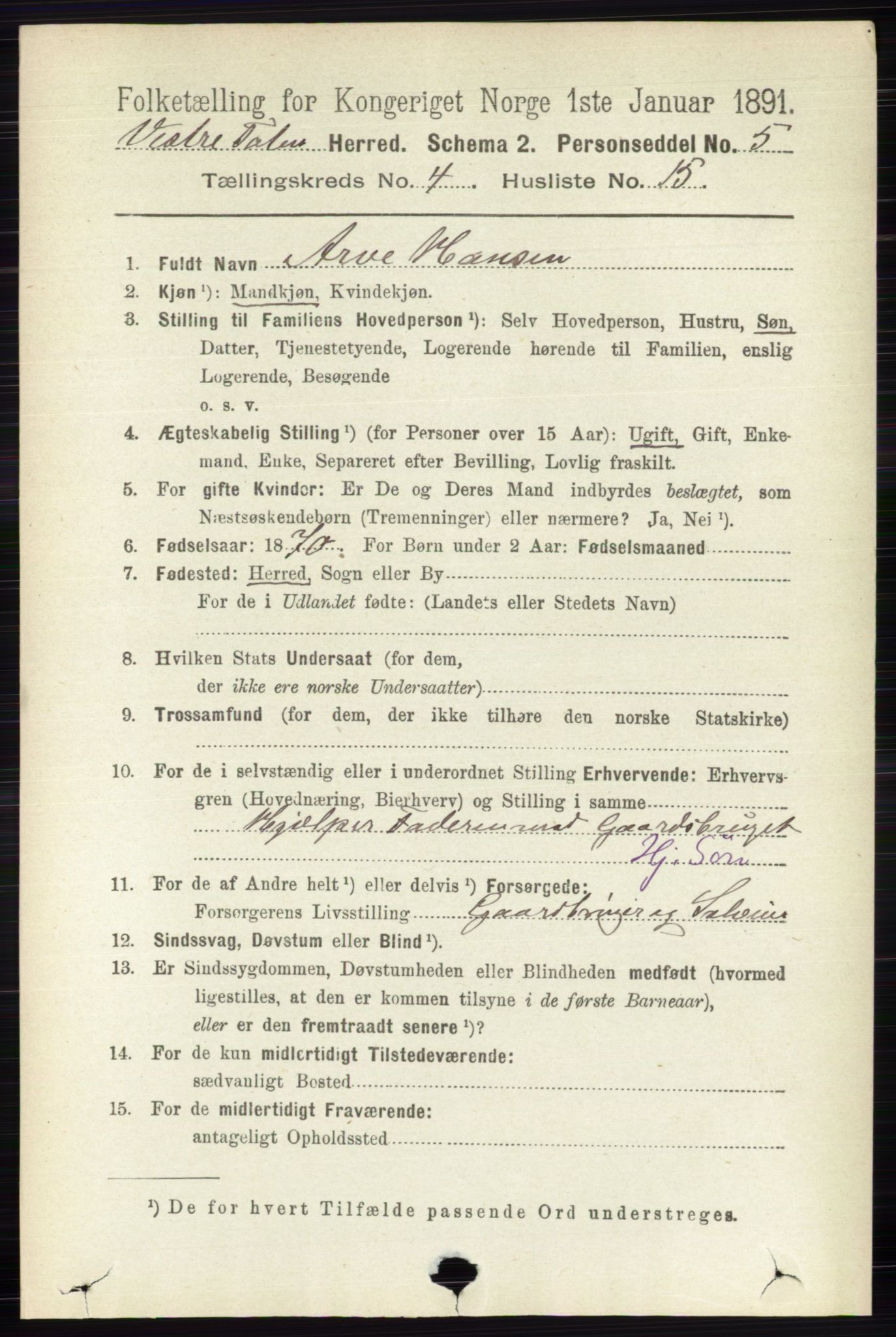 RA, 1891 census for 0529 Vestre Toten, 1891, p. 2791