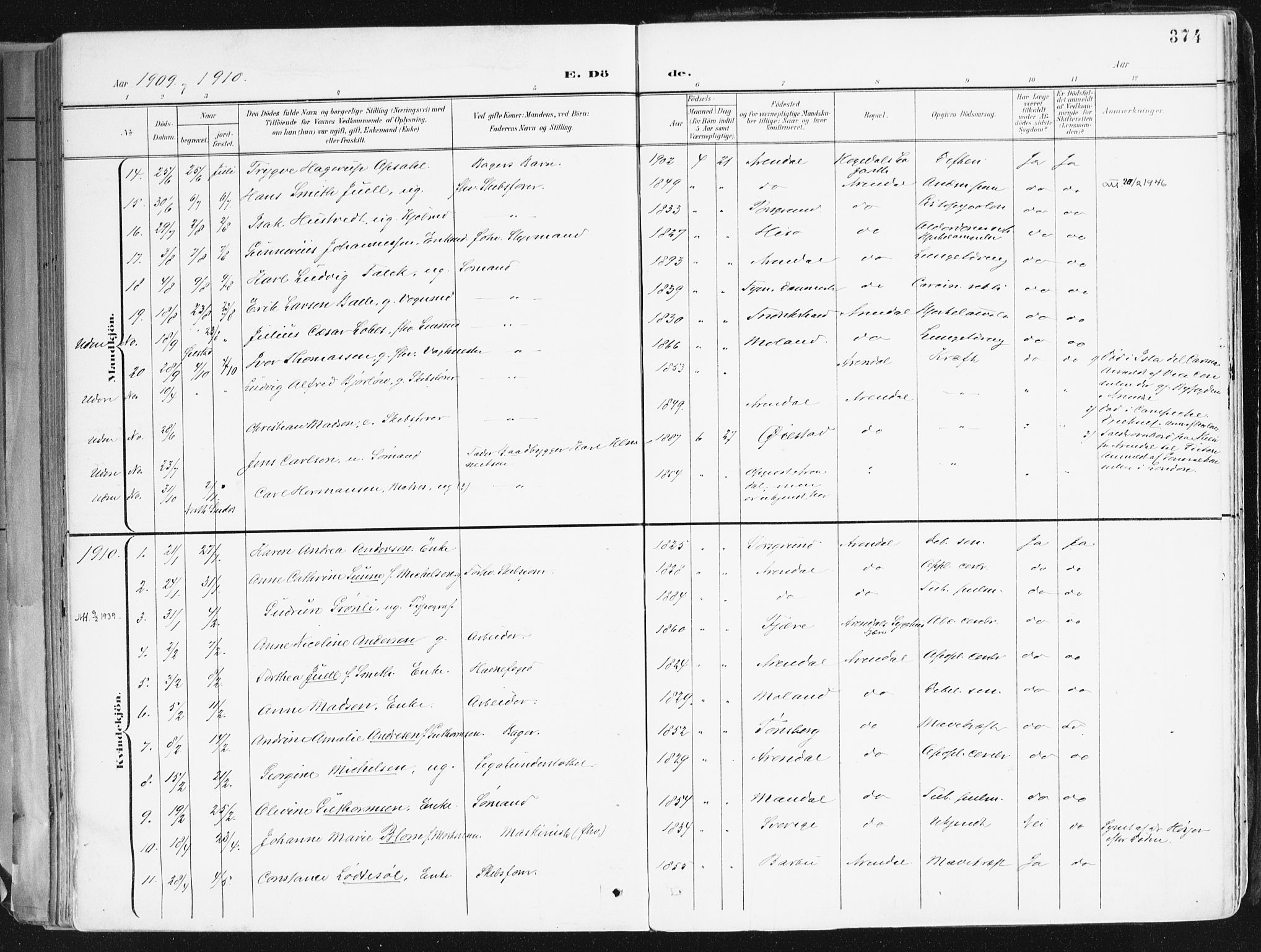 Arendal sokneprestkontor, Trefoldighet, SAK/1111-0040/F/Fa/L0010: Parish register (official) no. A 10, 1900-1919, p. 374