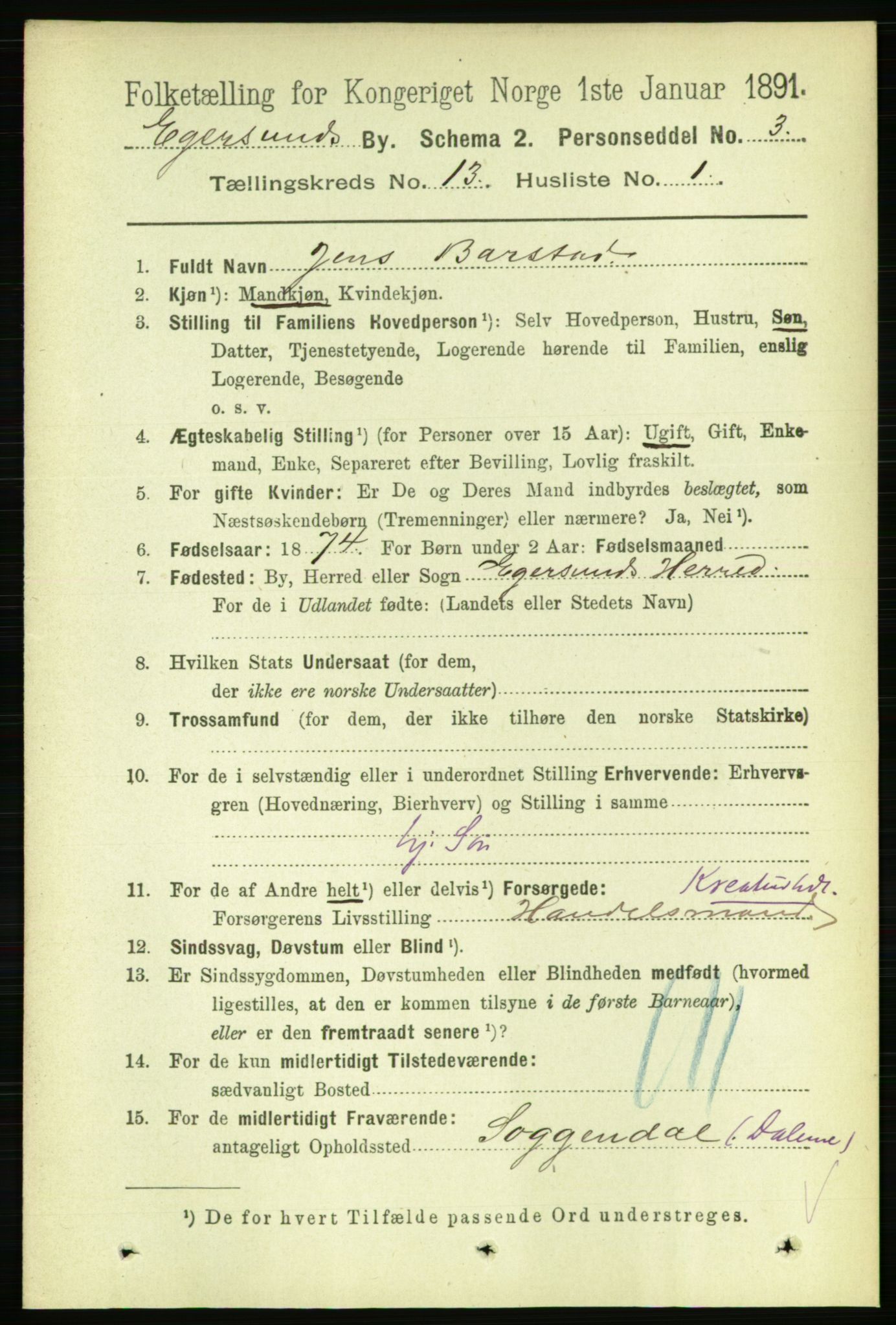 RA, 1891 census for 1101 Egersund, 1891, p. 2357