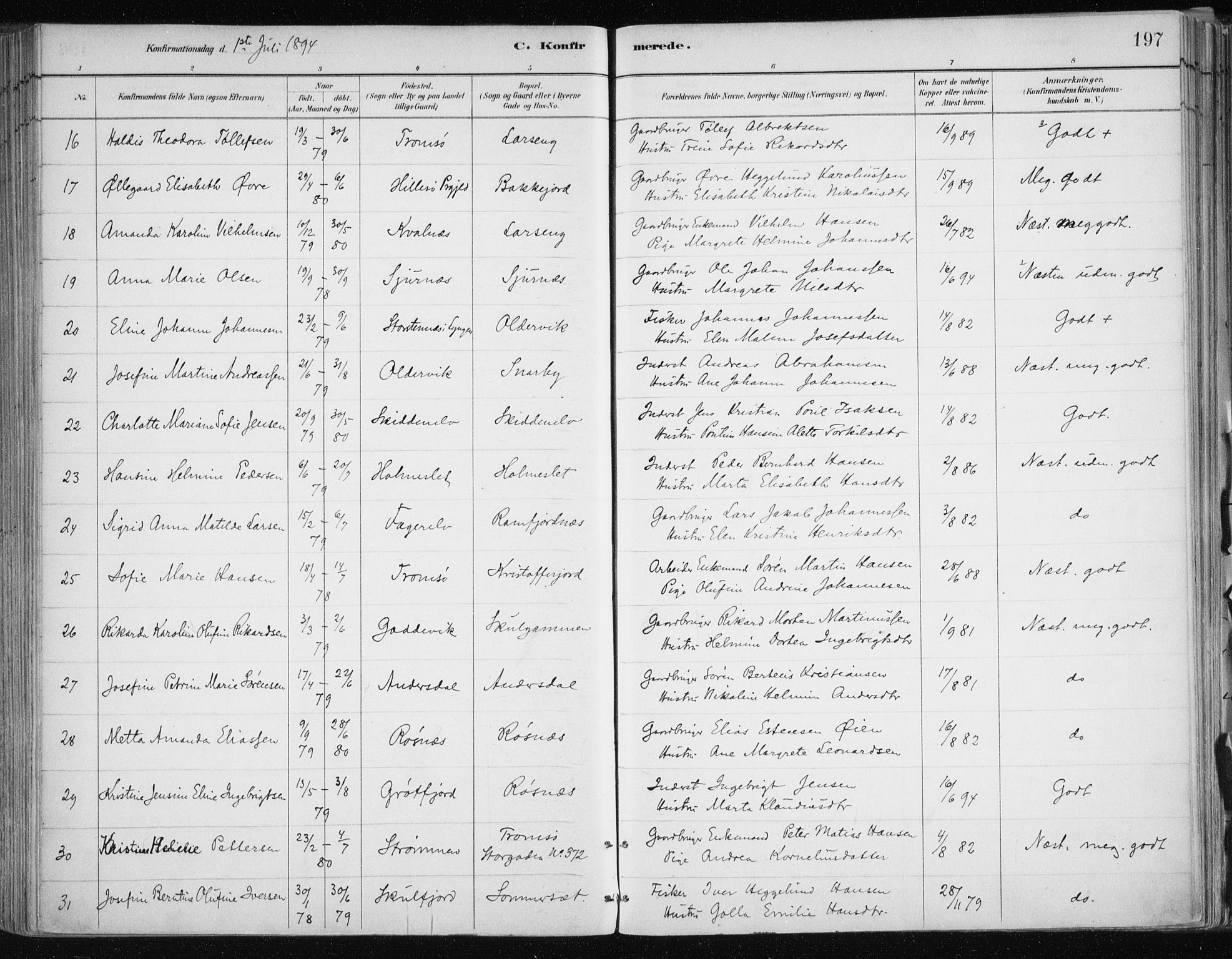 Tromsøysund sokneprestkontor, AV/SATØ-S-1304/G/Ga/L0005kirke: Parish register (official) no. 5, 1888-1896, p. 197