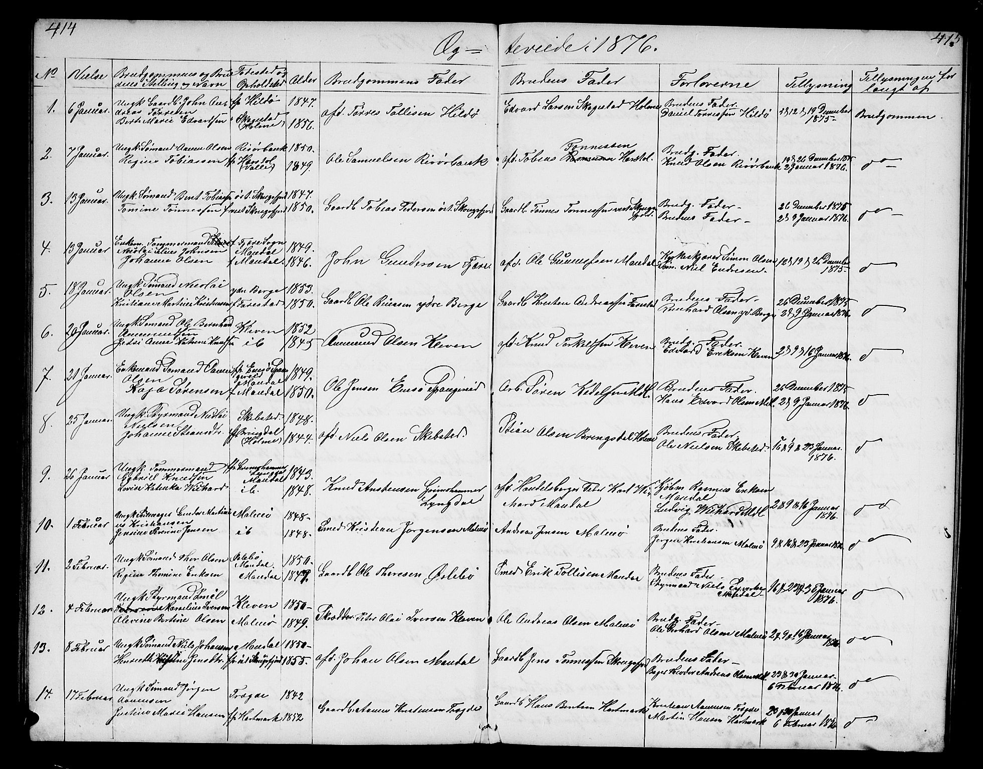 Mandal sokneprestkontor, SAK/1111-0030/F/Fb/Fba/L0009: Parish register (copy) no. B 3, 1867-1877, p. 414-415