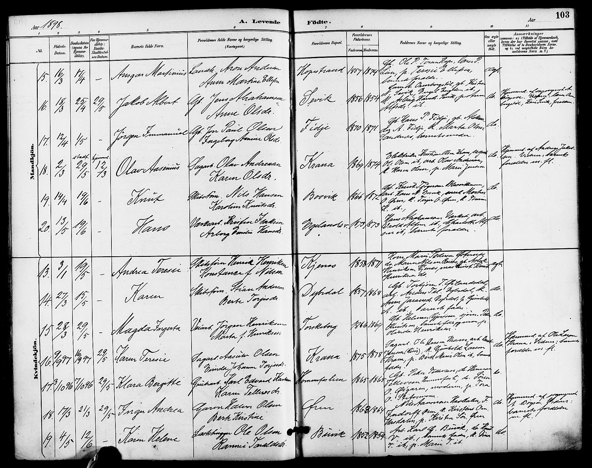 Søndeled sokneprestkontor, SAK/1111-0038/F/Fa/L0005: Parish register (official) no. A 5, 1889-1899, p. 103