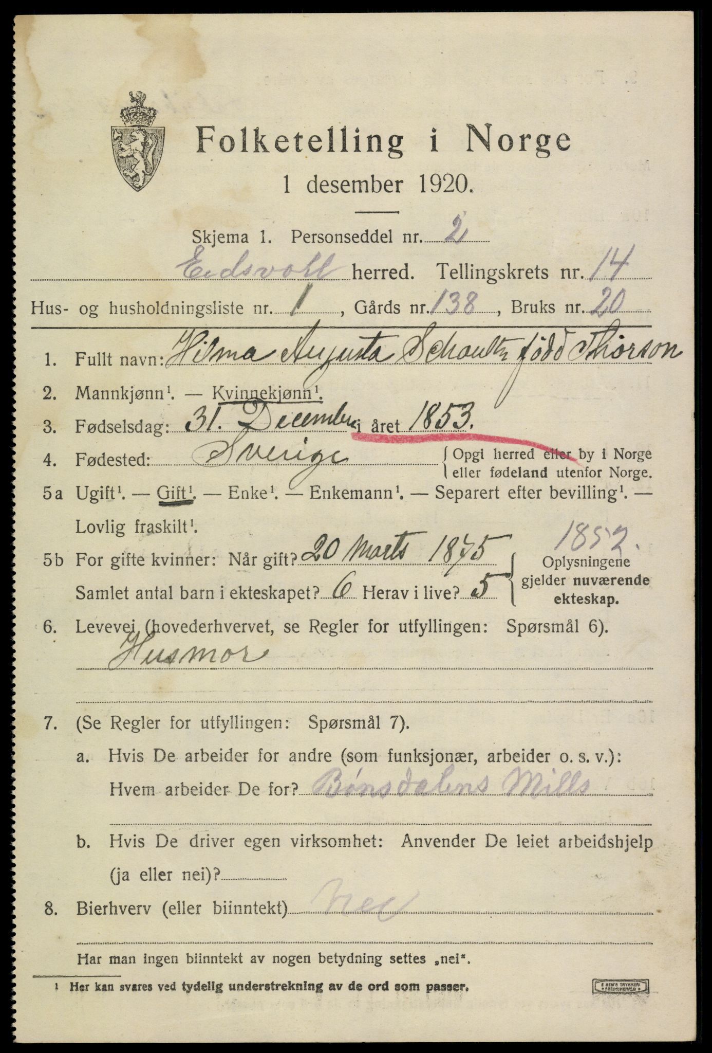 SAO, 1920 census for Eidsvoll, 1920, p. 20917