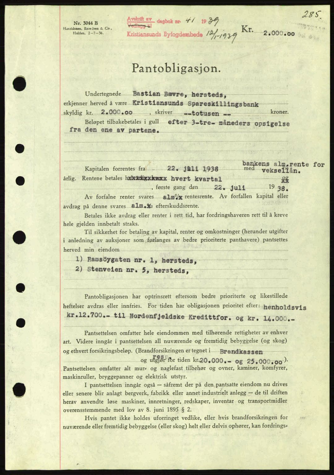 Kristiansund byfogd, SAT/A-4587/A/27: Mortgage book no. 31, 1938-1939, Diary no: : 41/1939