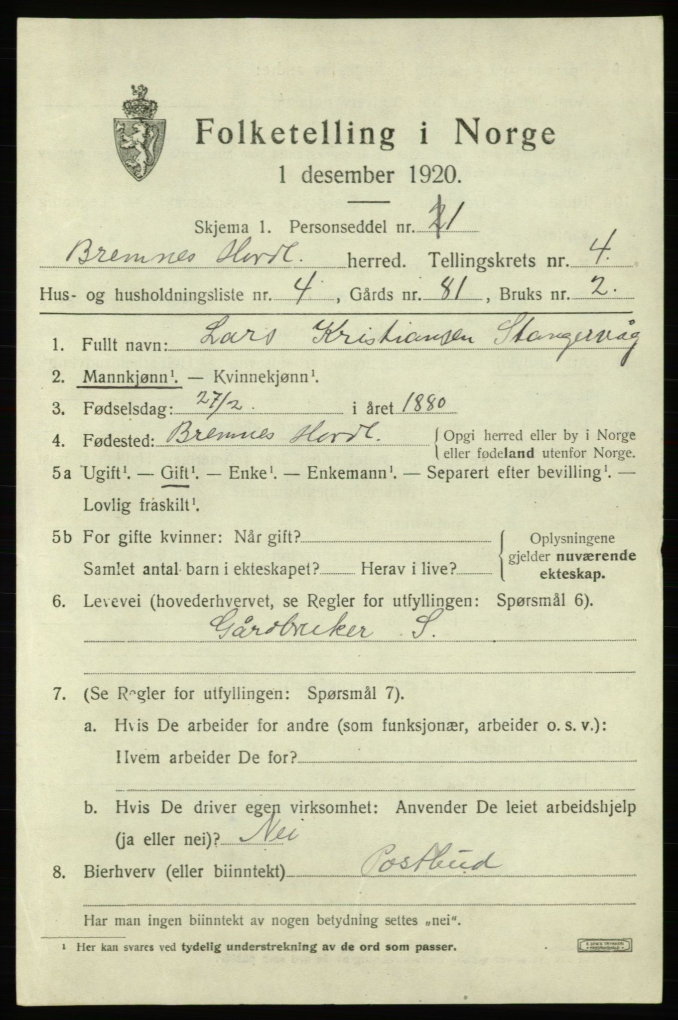 SAB, 1920 census for Bremnes, 1920, p. 1846