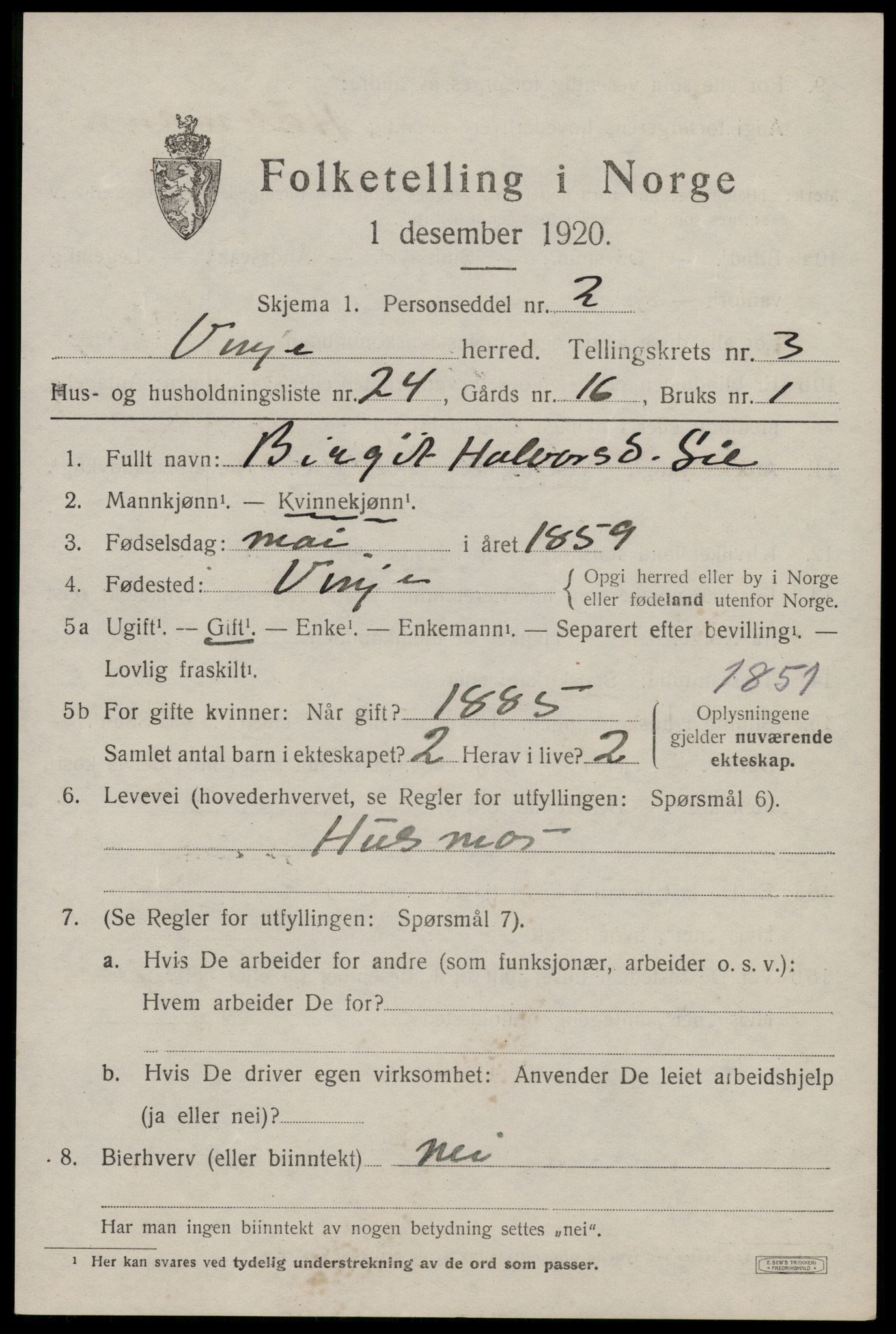 SAKO, 1920 census for Vinje, 1920, p. 1245