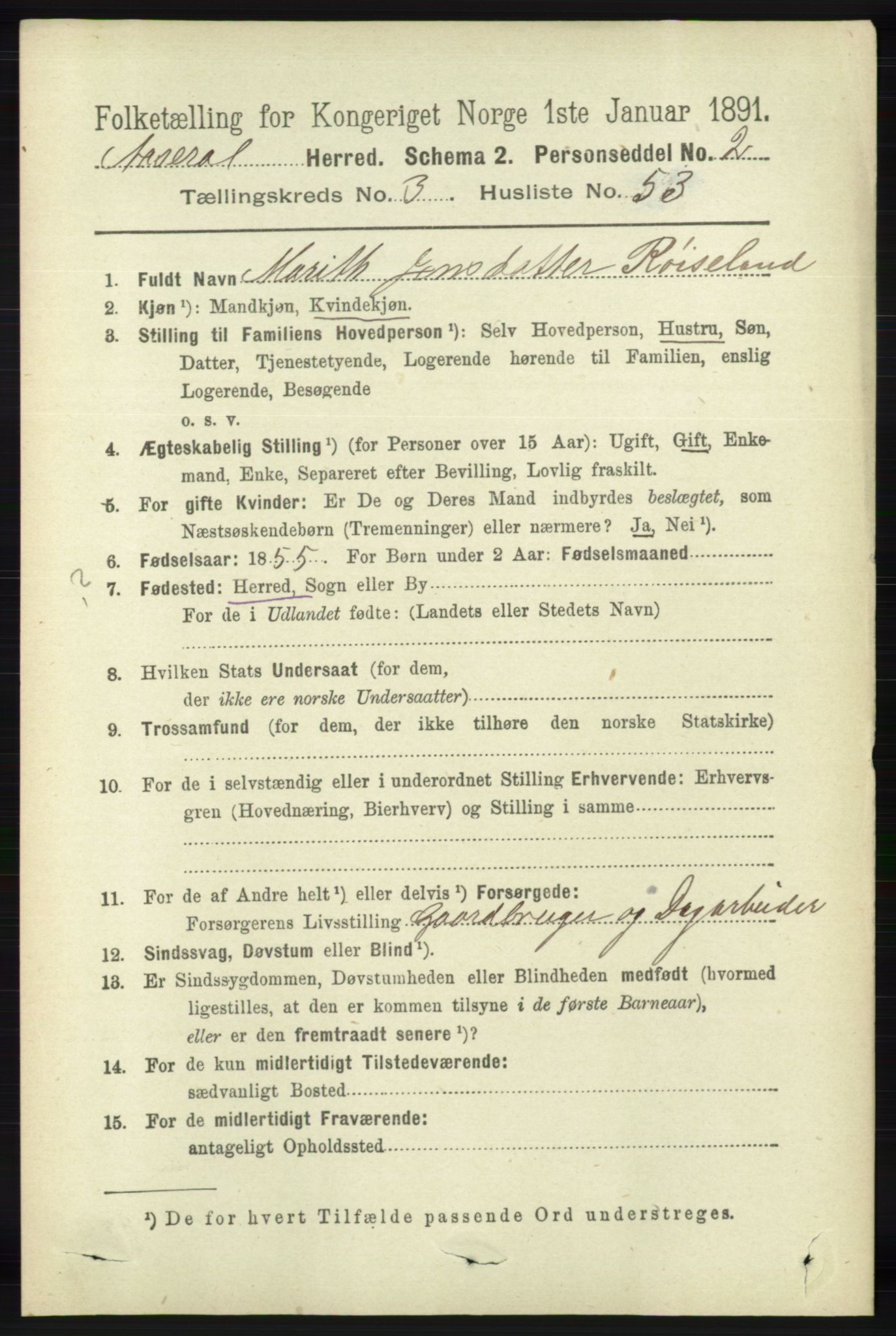 RA, 1891 census for 1026 Åseral, 1891, p. 1112