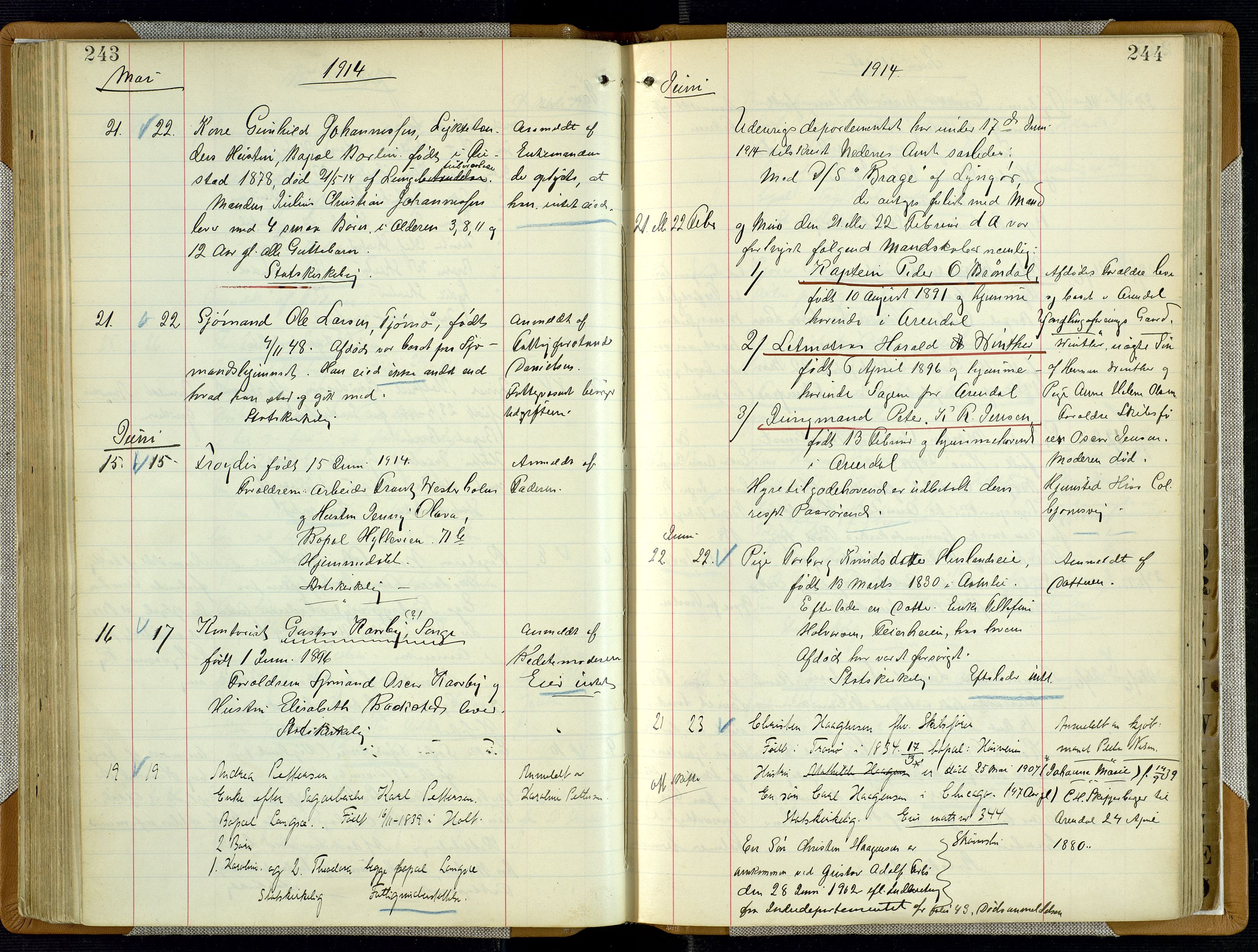 Arendal byfogd, AV/SAK-1222-0001/H/Ha/L0003: Dødsfallsprotokoll, 1908-1917, p. 243-244