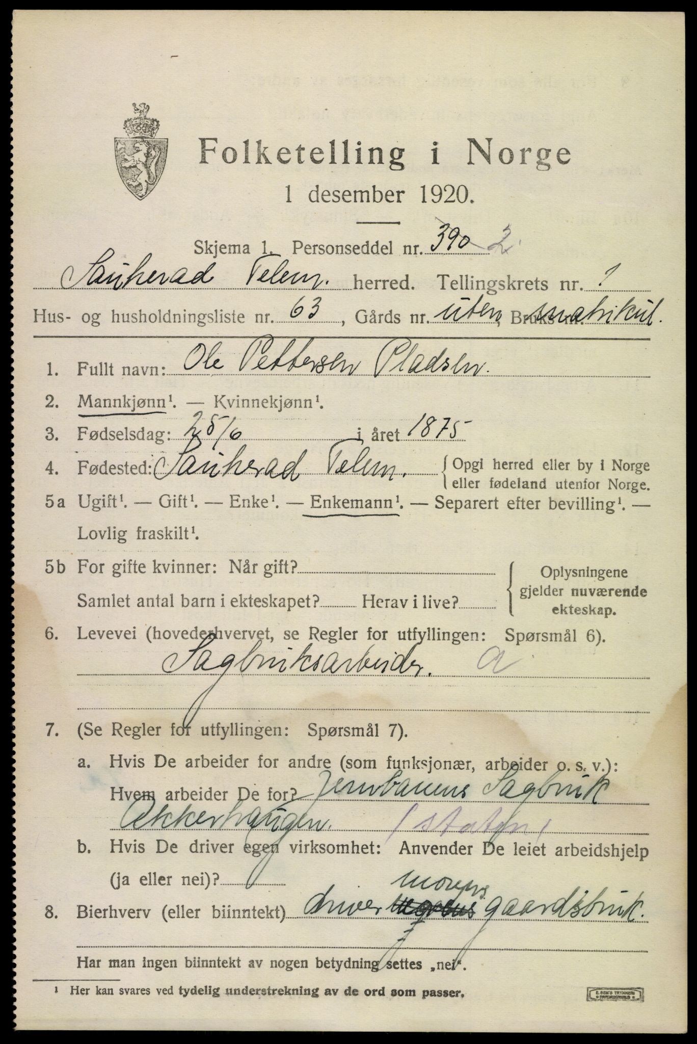 SAKO, 1920 census for Sauherad, 1920, p. 2307