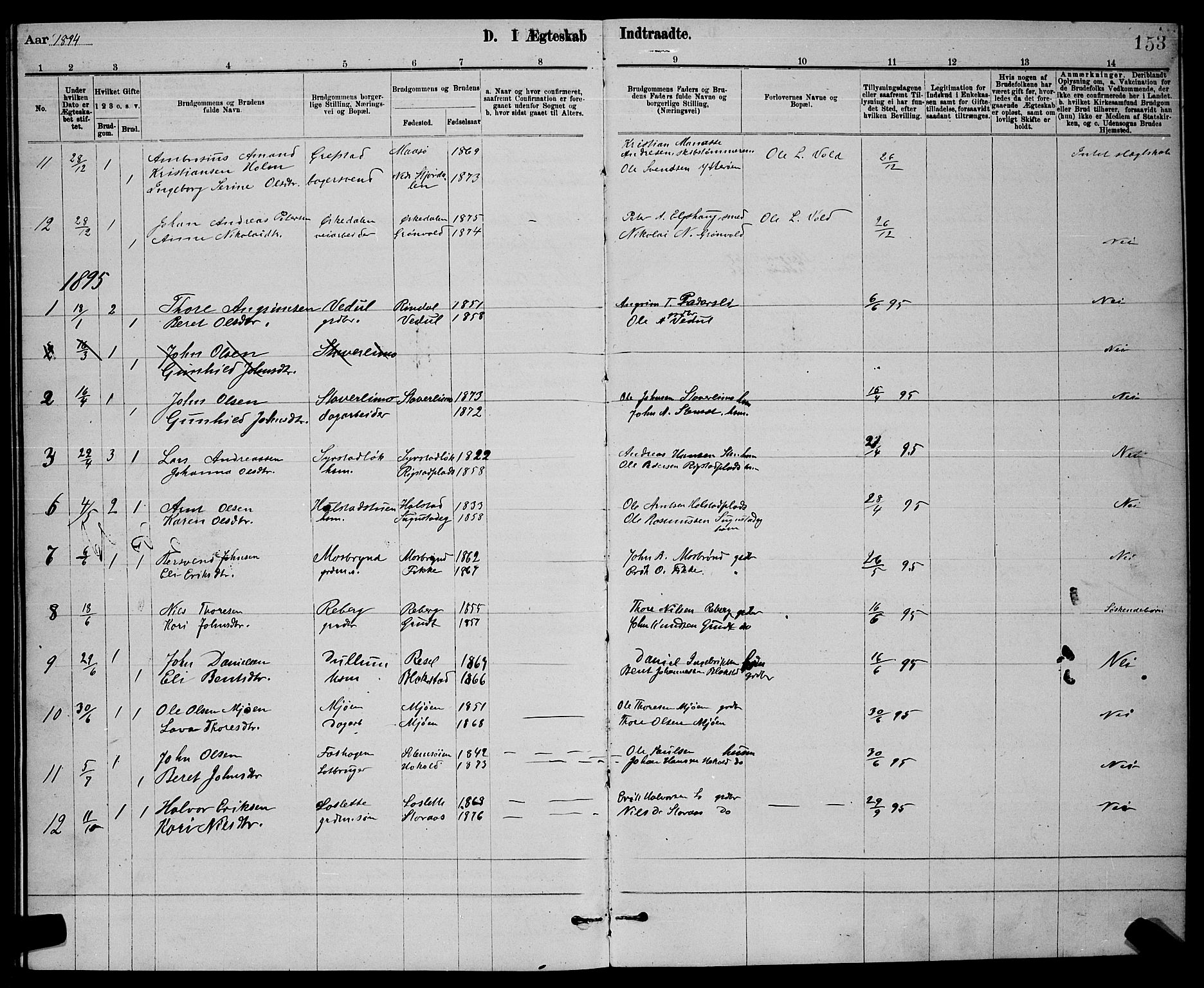 Ministerialprotokoller, klokkerbøker og fødselsregistre - Sør-Trøndelag, AV/SAT-A-1456/672/L0863: Parish register (copy) no. 672C02, 1888-1901, p. 153