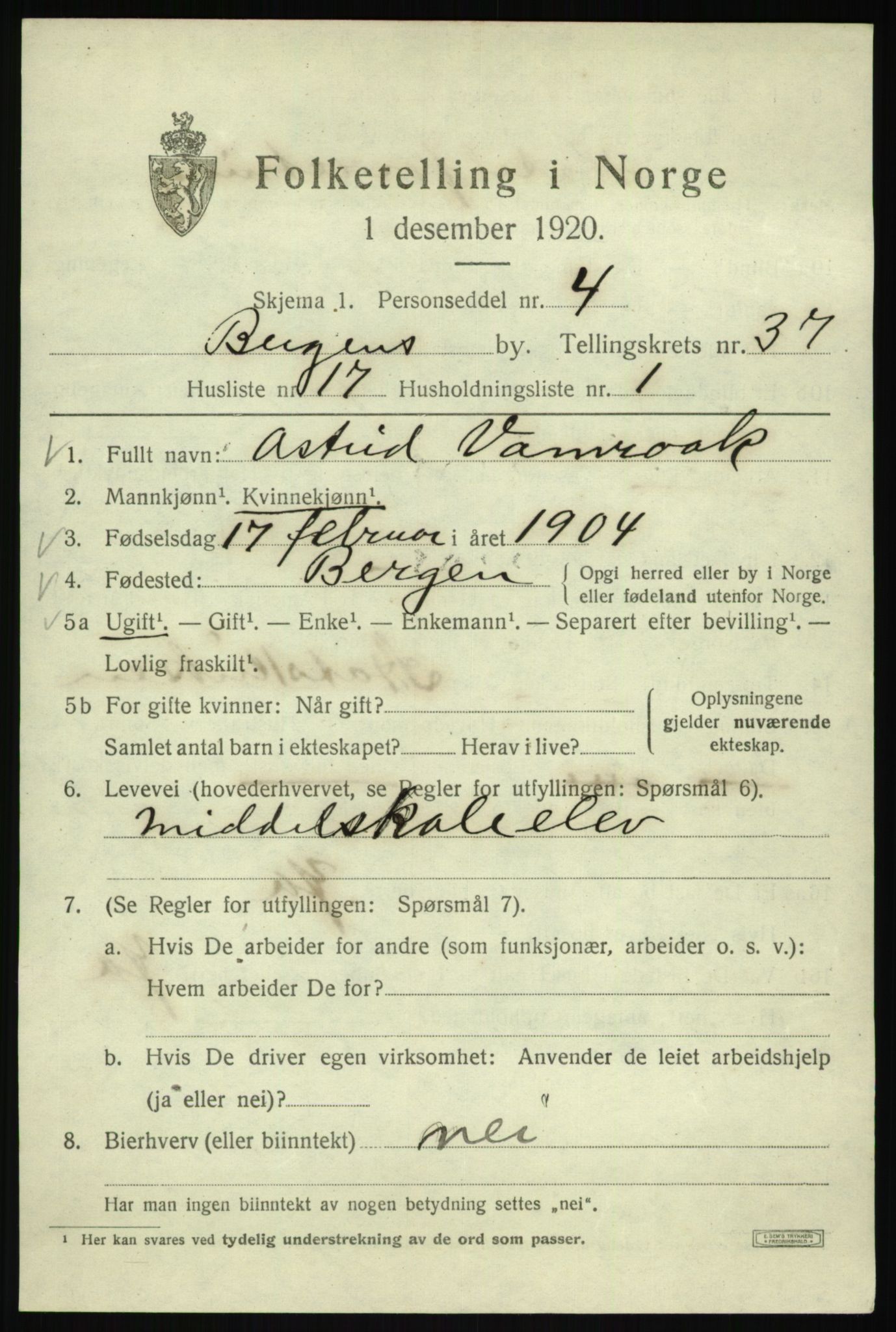 SAB, 1920 census for Bergen, 1920, p. 104408