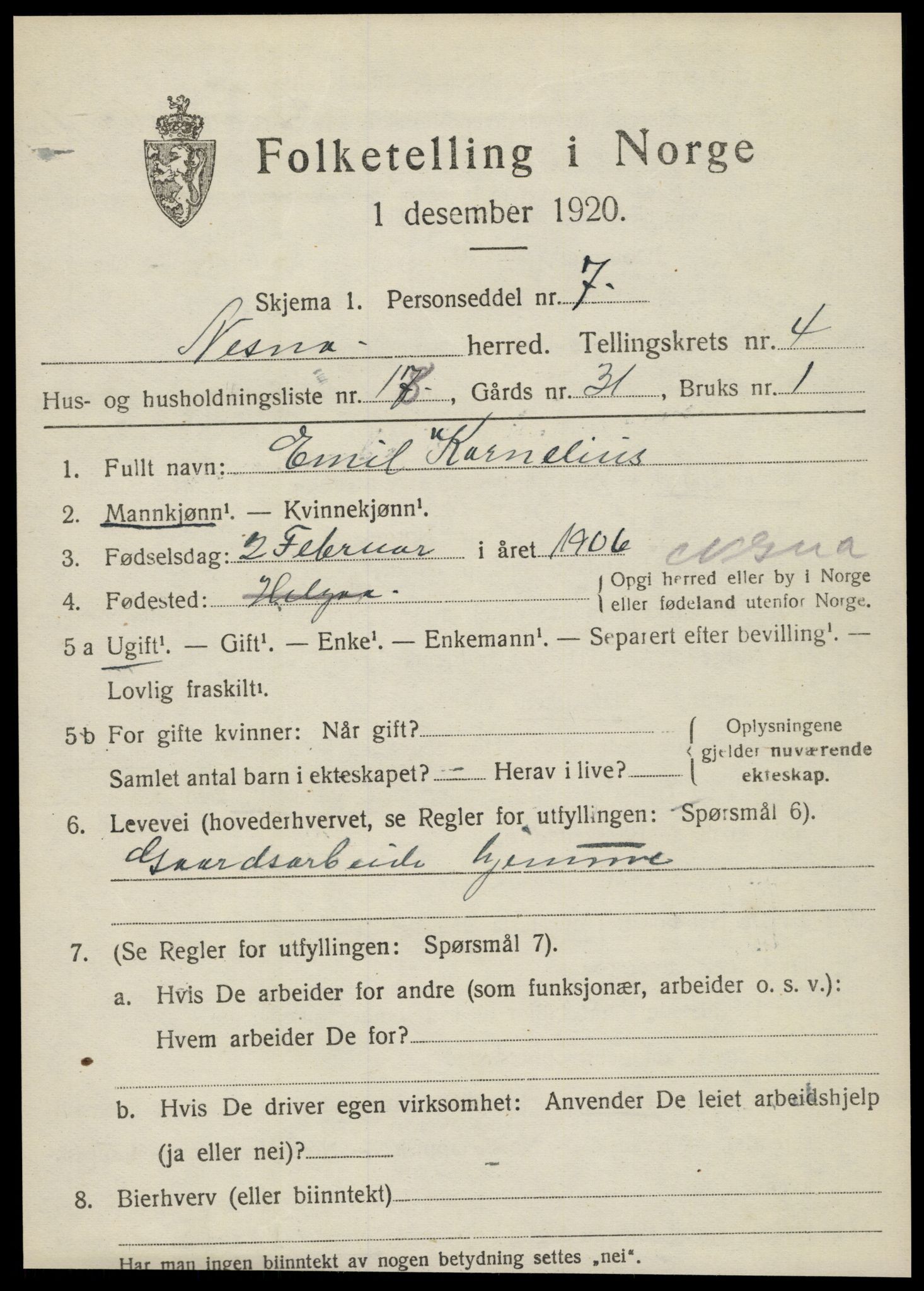SAT, 1920 census for Nesna, 1920, p. 3473