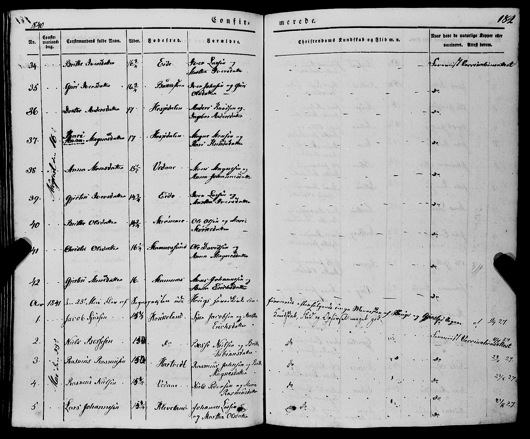 Haus sokneprestembete, SAB/A-75601/H/Haa: Parish register (official) no. A 15, 1838-1847, p. 182