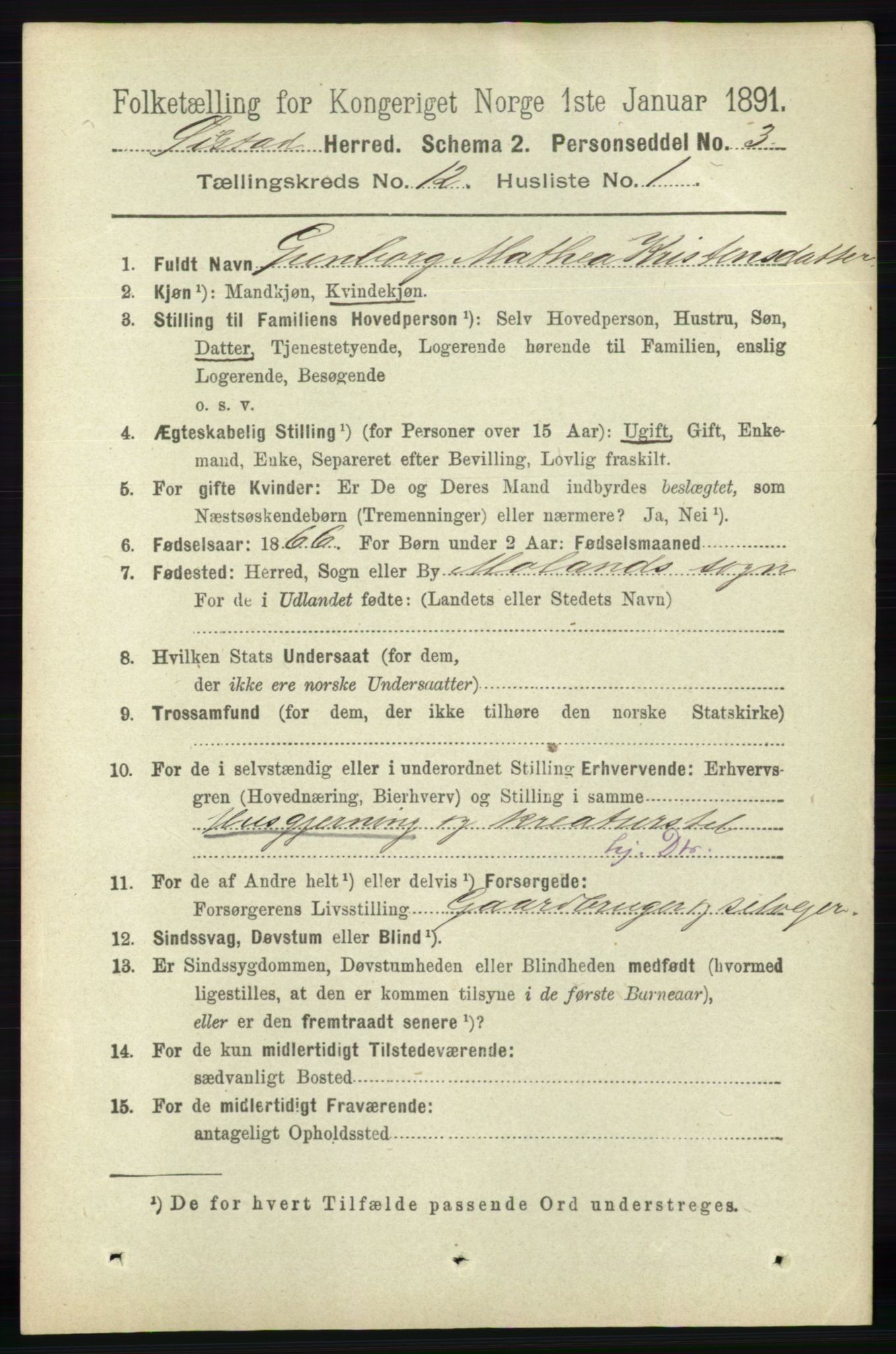 RA, 1891 census for 0920 Øyestad, 1891, p. 5439