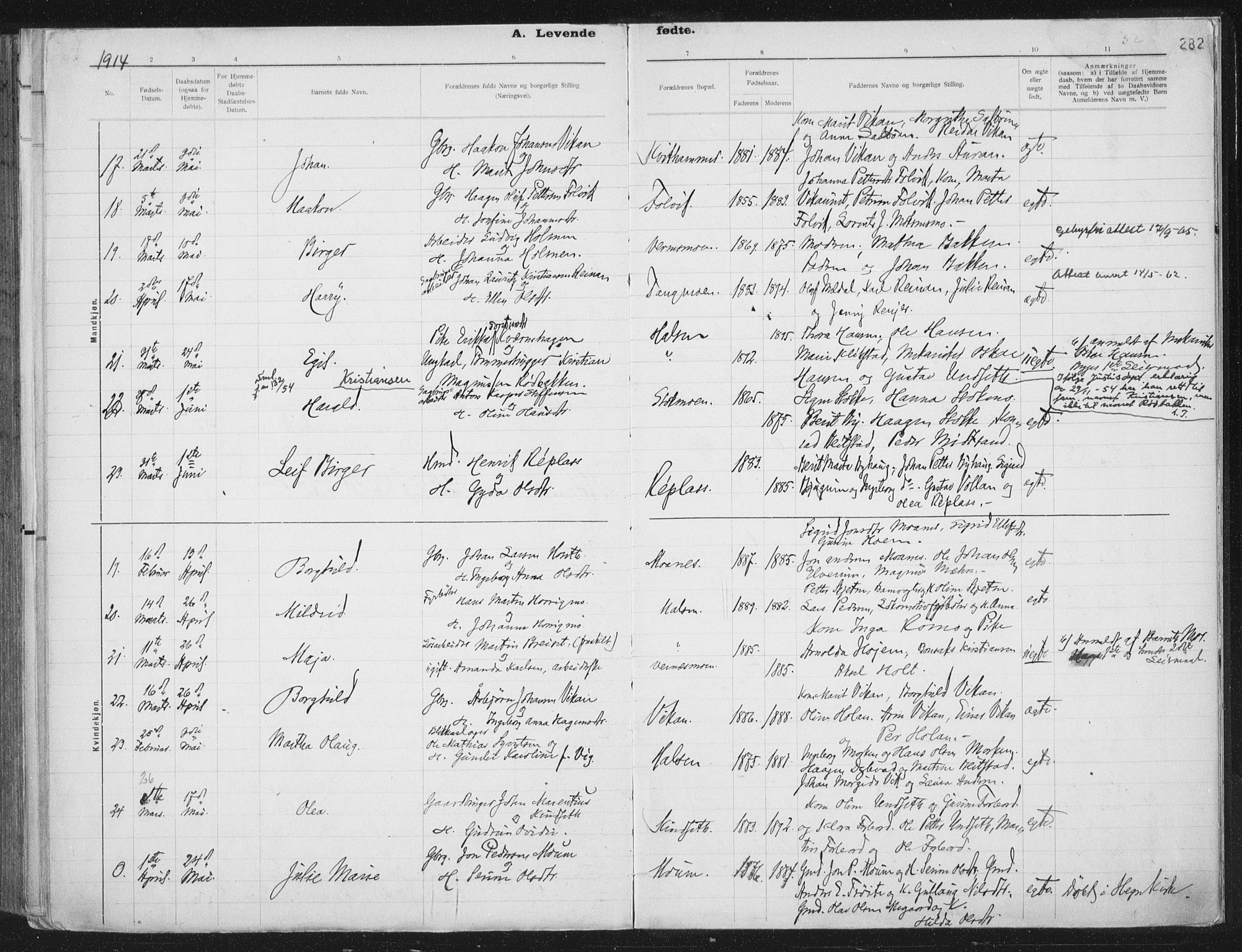 Ministerialprotokoller, klokkerbøker og fødselsregistre - Nord-Trøndelag, AV/SAT-A-1458/709/L0082: Parish register (official) no. 709A22, 1896-1916, p. 282