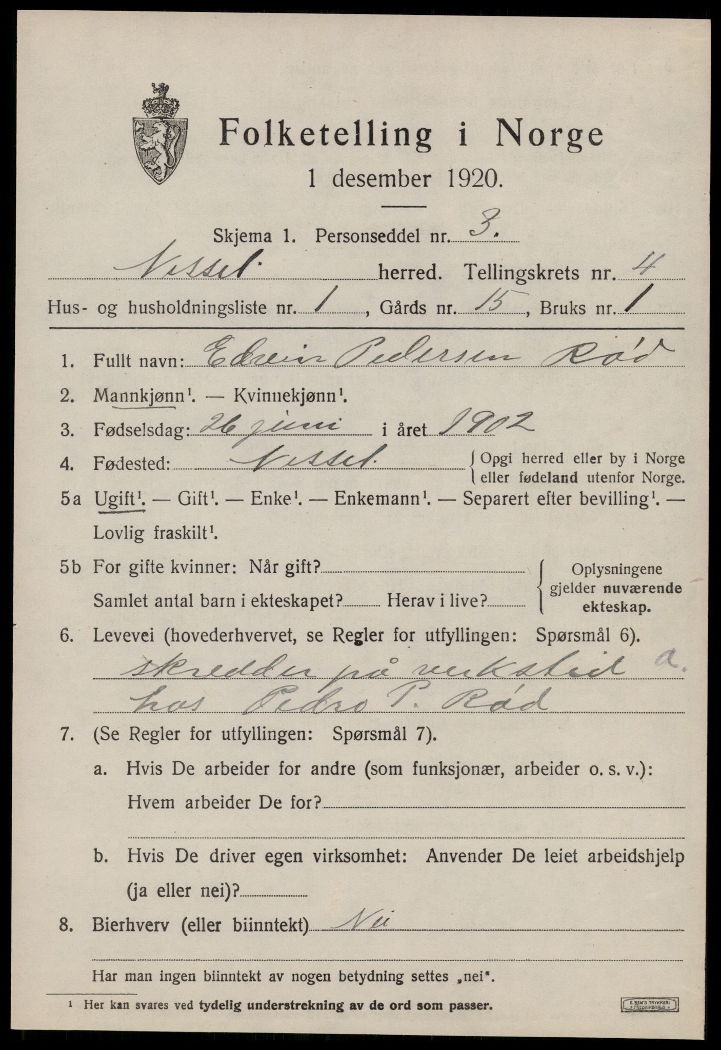 SAT, 1920 census for Nesset, 1920, p. 1486