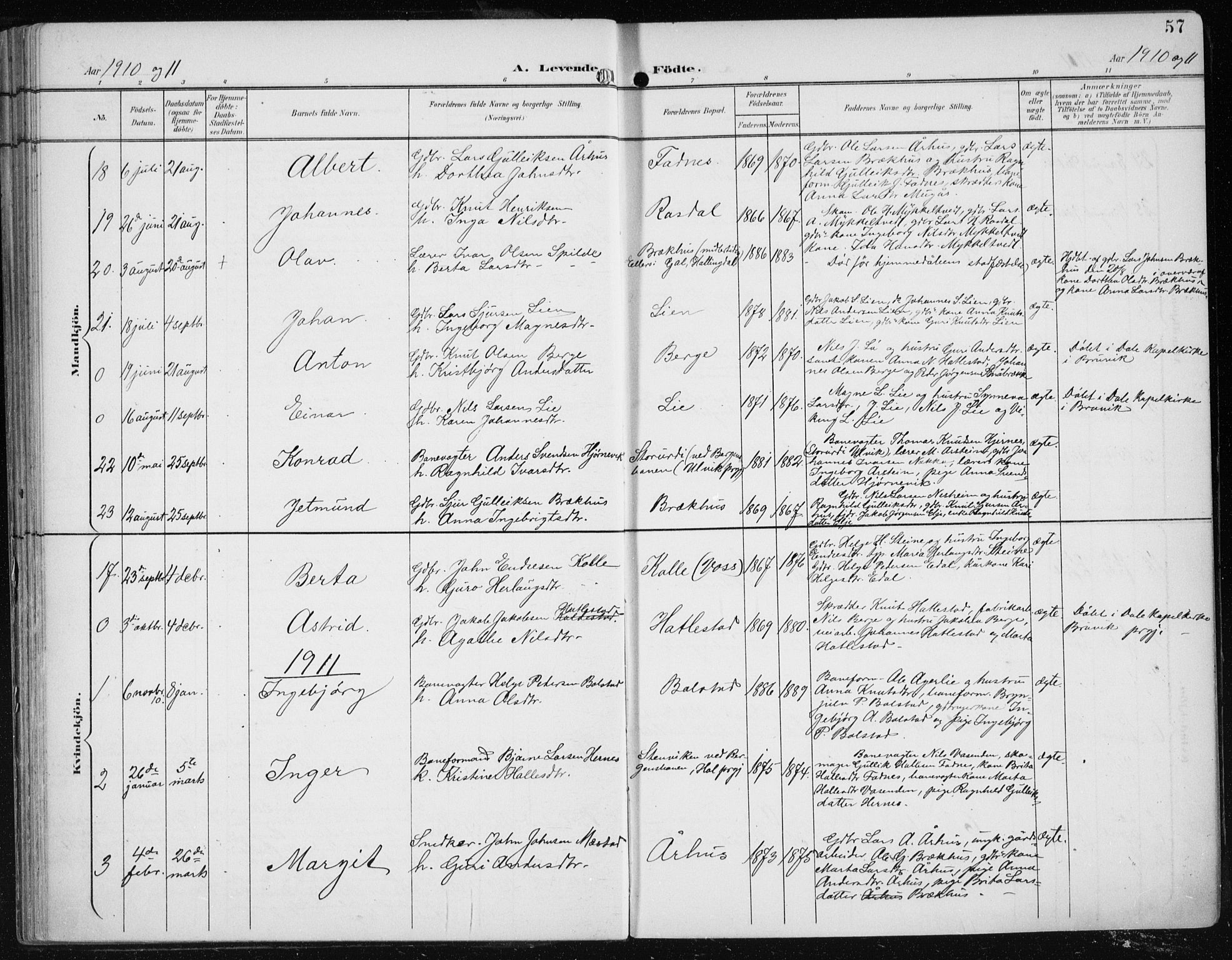 Evanger sokneprestembete, SAB/A-99924: Parish register (official) no. A  3, 1900-1930, p. 57