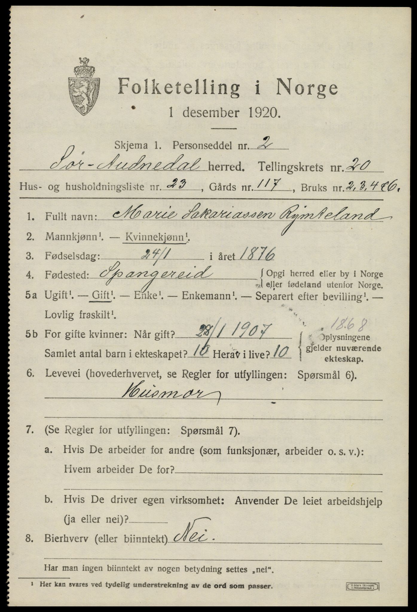SAK, 1920 census for Sør-Audnedal, 1920, p. 6895