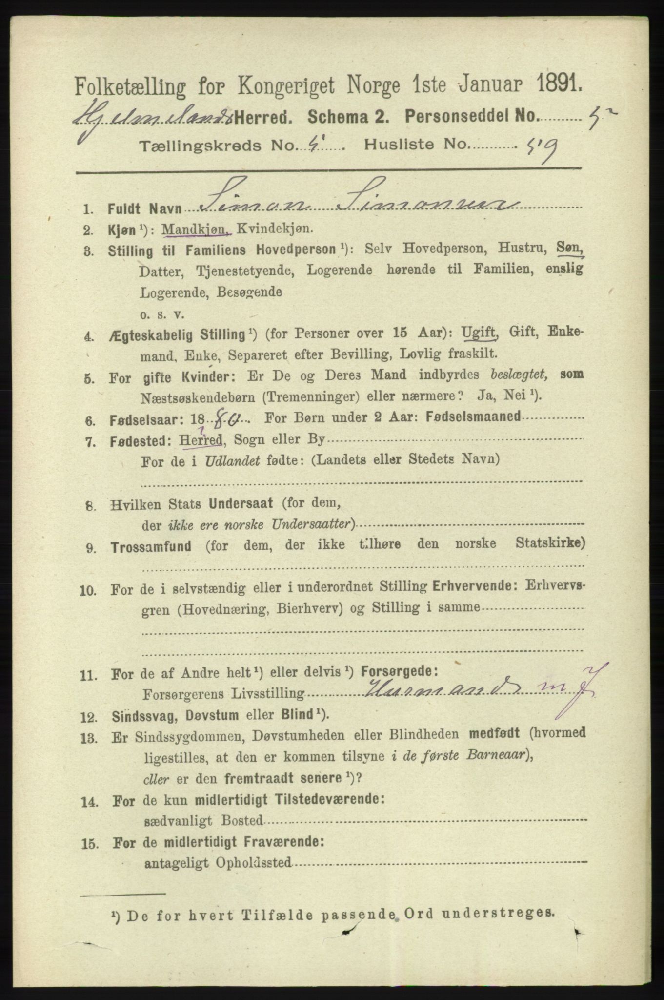 RA, 1891 census for 1133 Hjelmeland, 1891, p. 1492