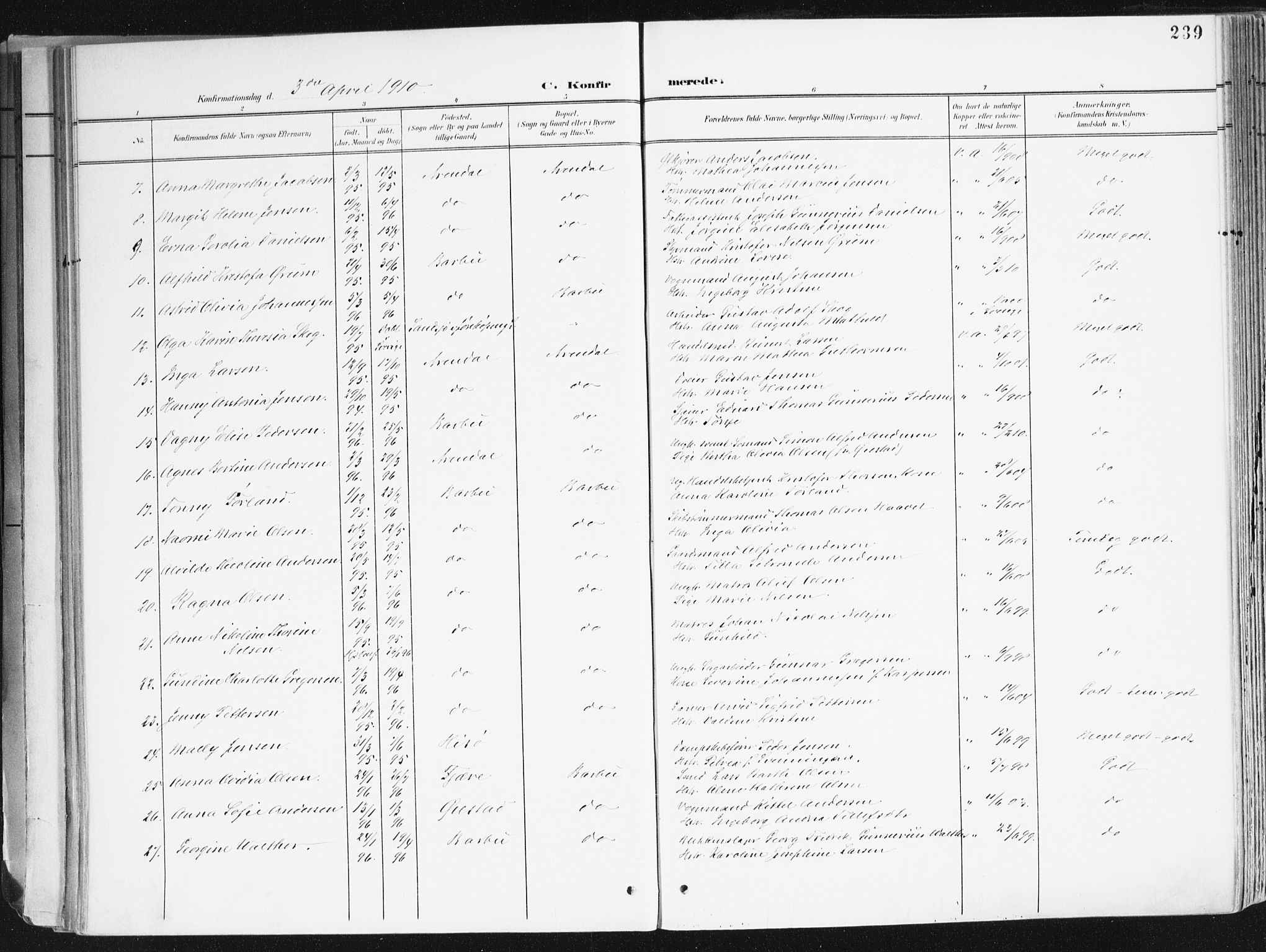 Arendal sokneprestkontor, Trefoldighet, AV/SAK-1111-0040/F/Fa/L0010: Parish register (official) no. A 10, 1900-1919, p. 239