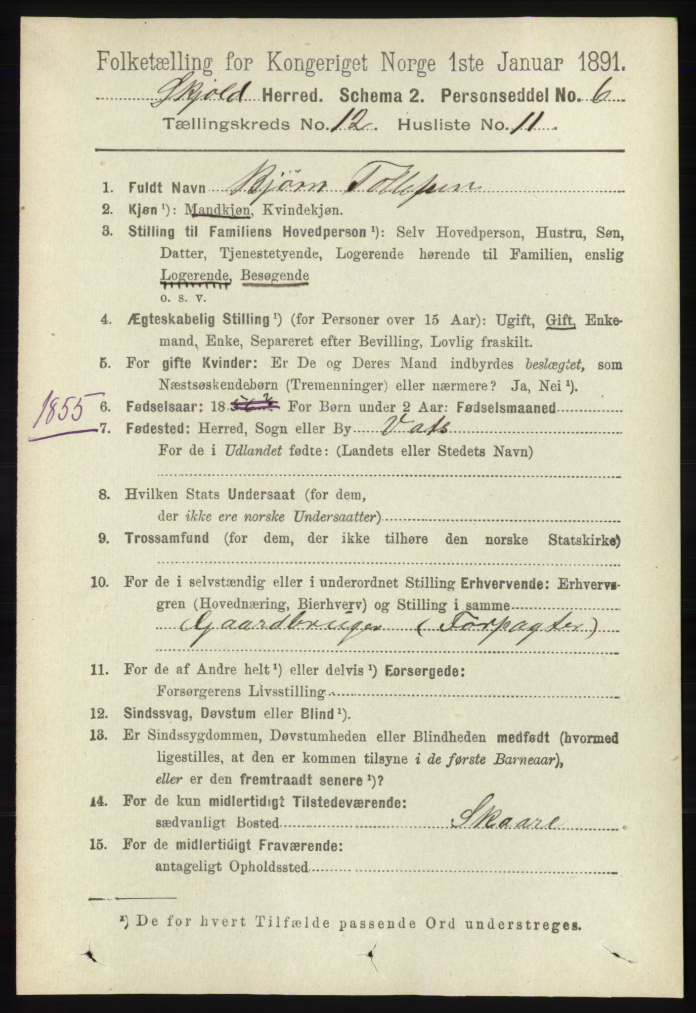 RA, 1891 census for 1154 Skjold, 1891, p. 2310