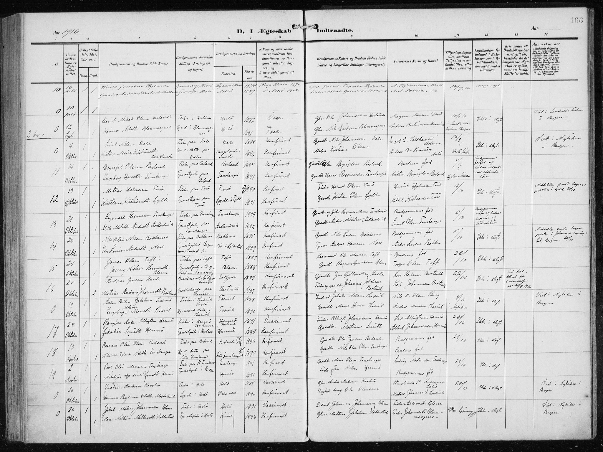 Herdla Sokneprestembete, SAB/A-75701/H/Haa: Parish register (official) no. A 5, 1905-1918, p. 166