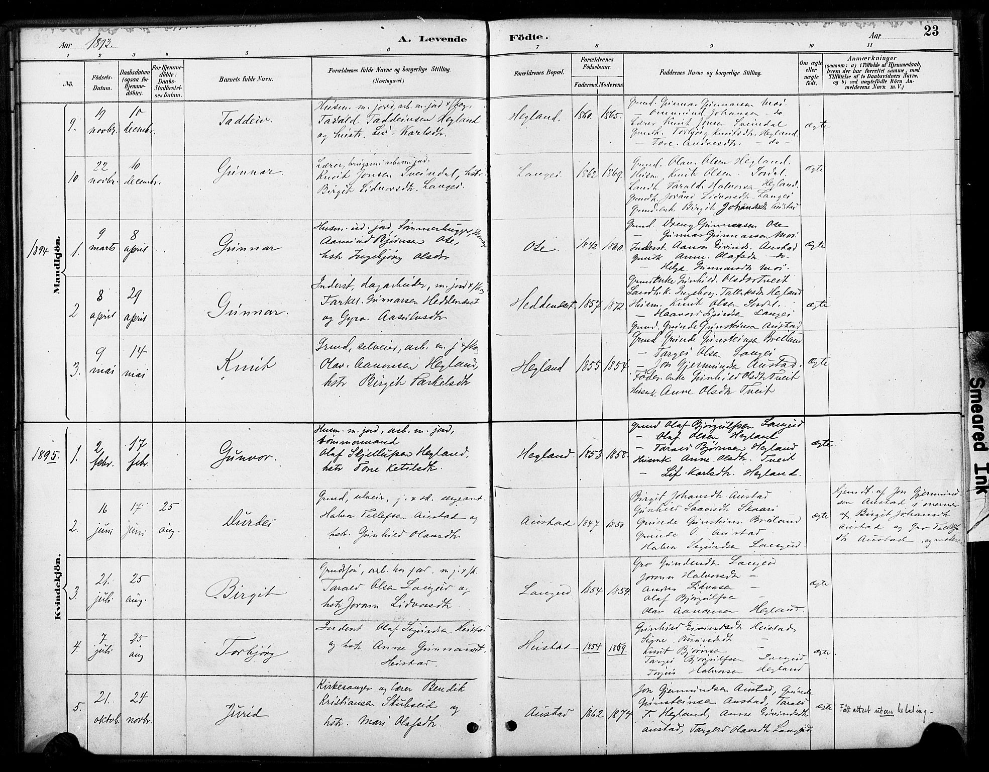 Bygland sokneprestkontor, SAK/1111-0006/F/Fa/Faa/L0001: Parish register (official) no. A 1, 1885-1908, p. 23
