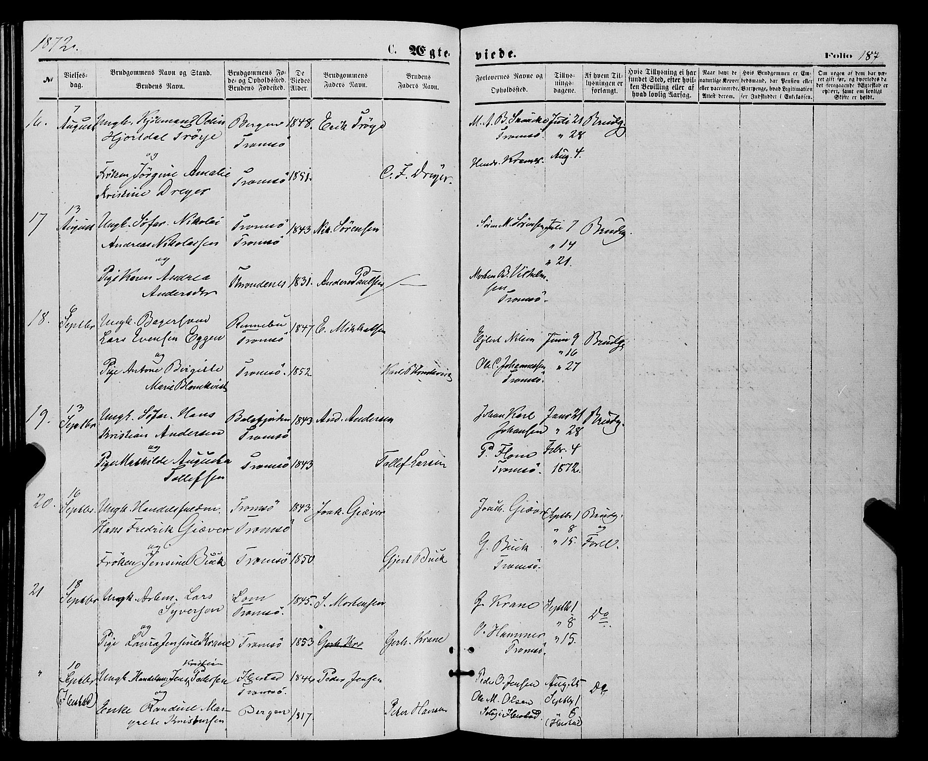 Tromsø sokneprestkontor/stiftsprosti/domprosti, SATØ/S-1343/G/Ga/L0013kirke: Parish register (official) no. 13, 1872-1877, p. 187