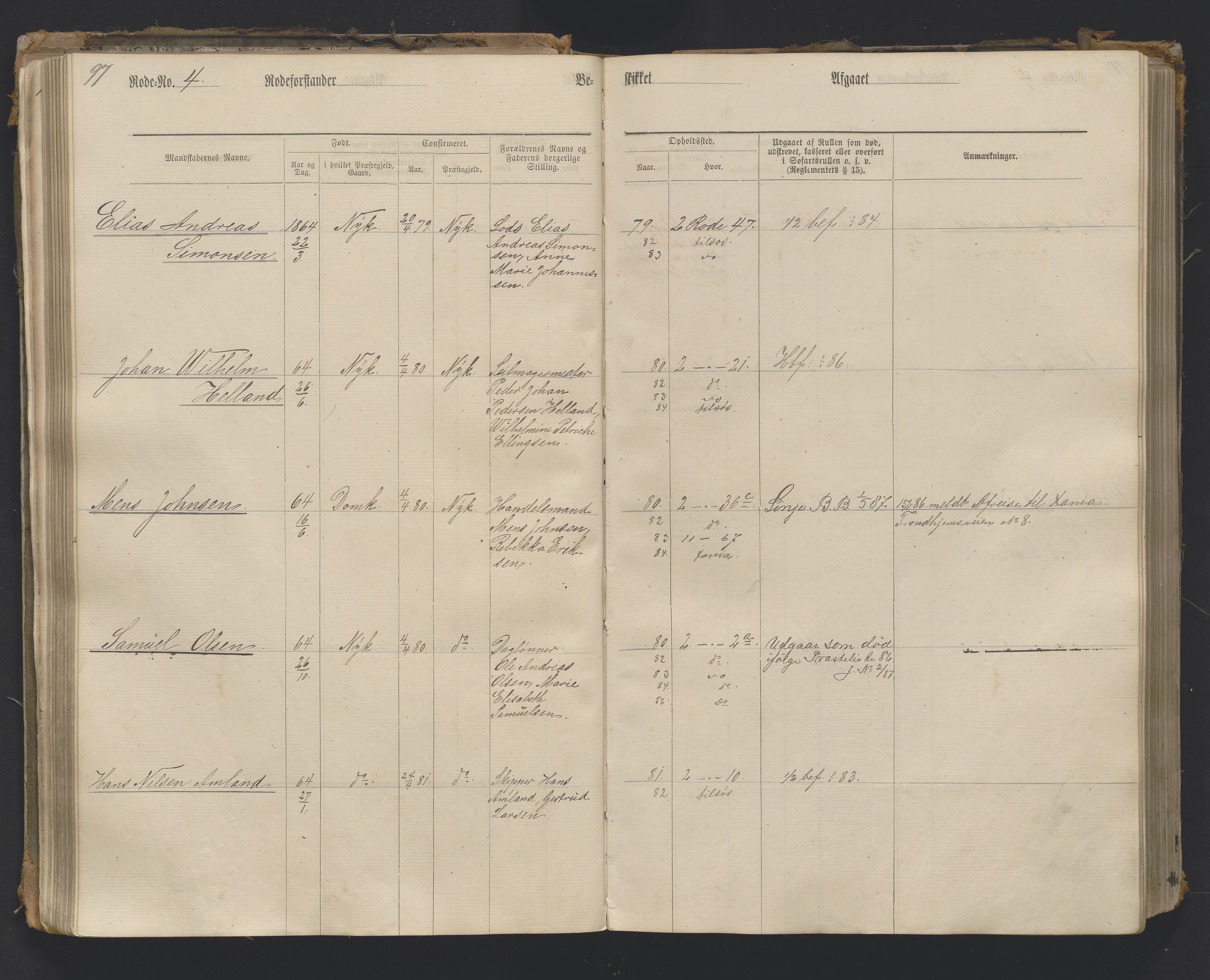 Bergens Krigskommisariat, AV/SAB-A-5103/H/Hj/Hjc/Hjcb/L0001: Mannskapsrulle rode nr 1-21 (eldre ref: 275), 1870-1895, p. 97