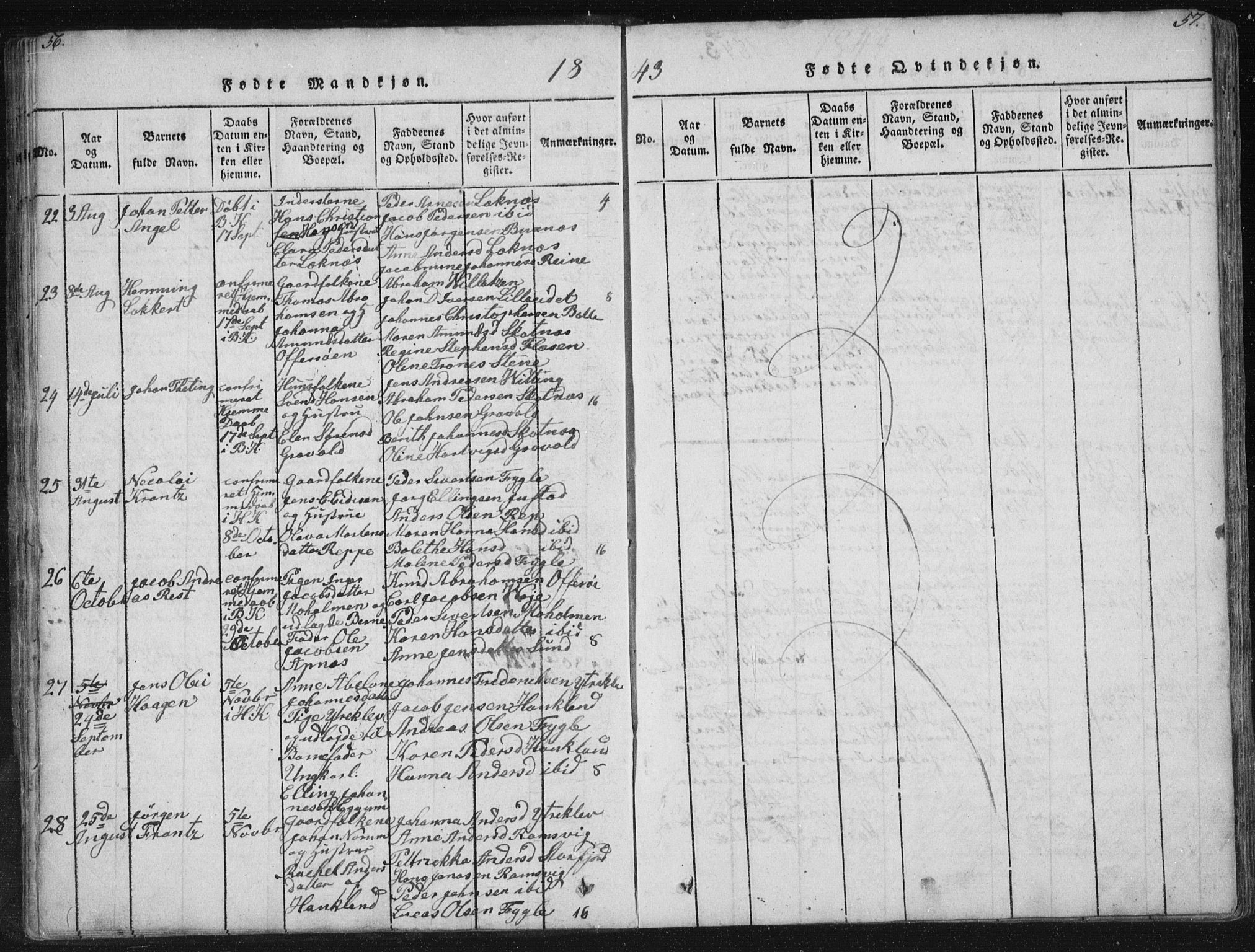 Ministerialprotokoller, klokkerbøker og fødselsregistre - Nordland, AV/SAT-A-1459/881/L1164: Parish register (copy) no. 881C01, 1818-1853, p. 56-57