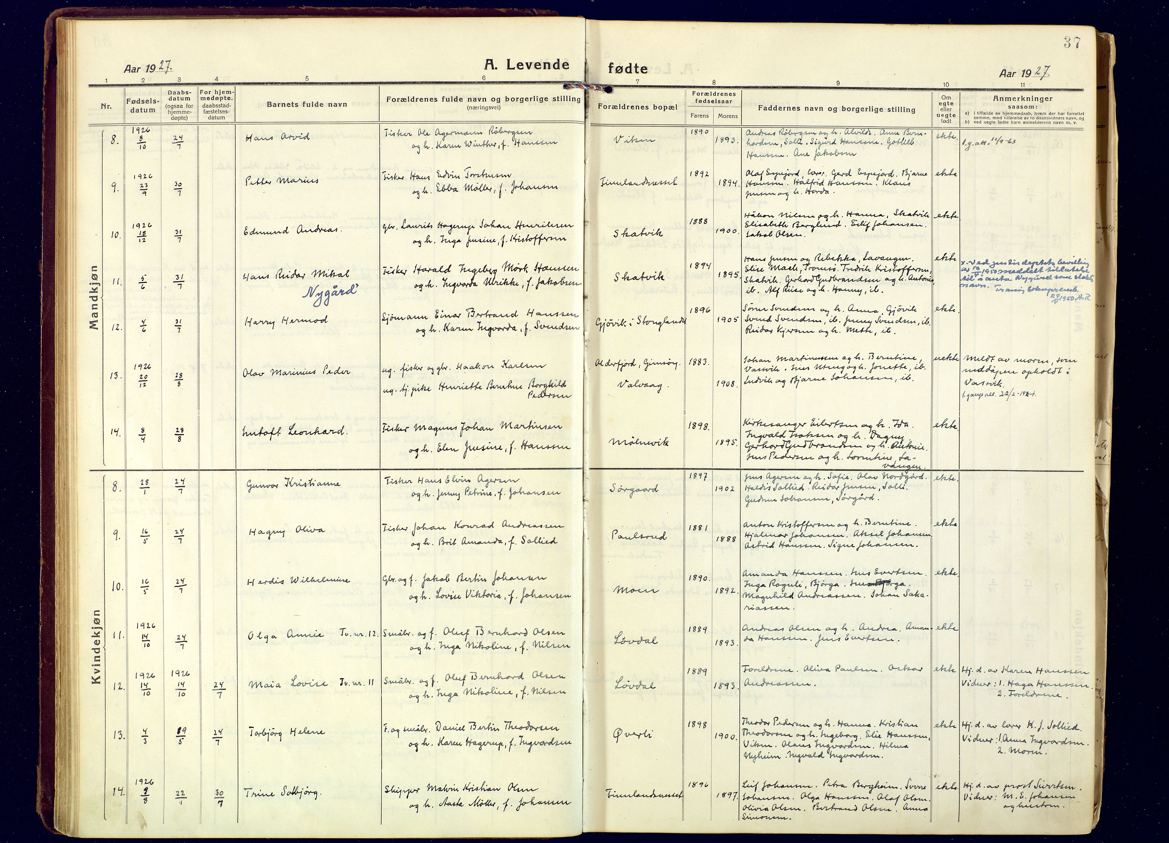 Tranøy sokneprestkontor, AV/SATØ-S-1313/I/Ia/Iaa/L0016kirke: Parish register (official) no. 16, 1919-1932, p. 37