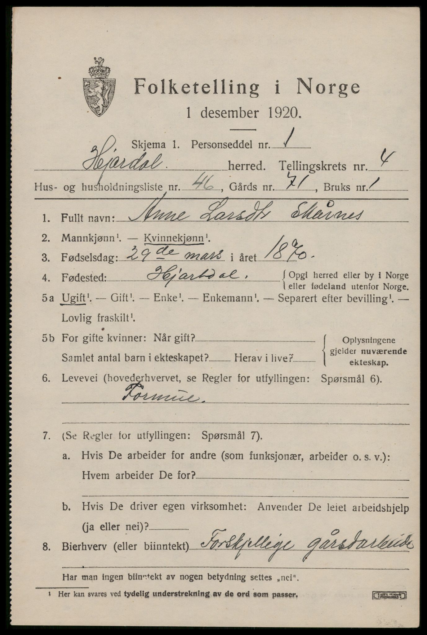 SAKO, 1920 census for Hjartdal, 1920, p. 3258