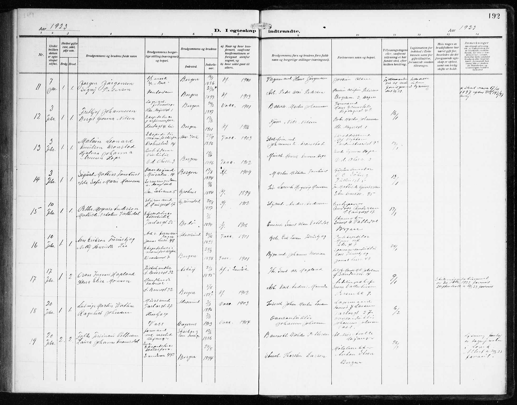 Sandviken Sokneprestembete, AV/SAB-A-77601/H/Ha/L0015: Parish register (official) no. D 2, 1911-1923, p. 192