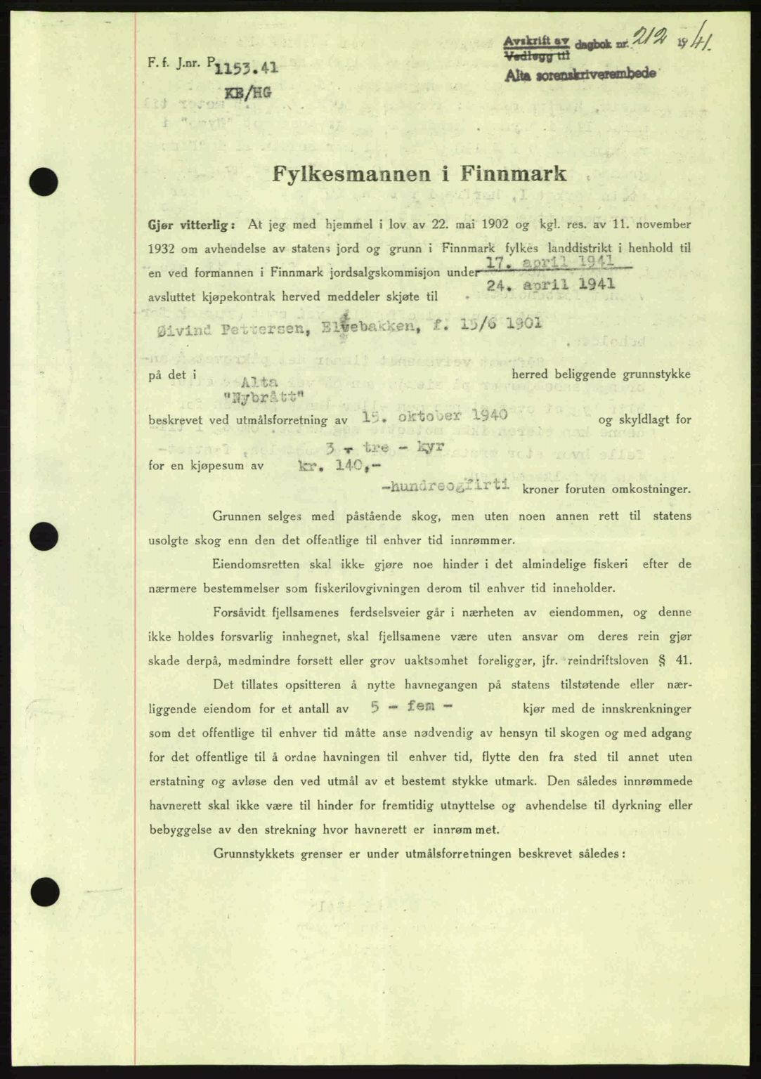 Alta fogderi/sorenskriveri, SATØ/SATØ-5/1/K/Kd/L0033pantebok: Mortgage book no. 33, 1940-1943, Diary no: : 212/1941