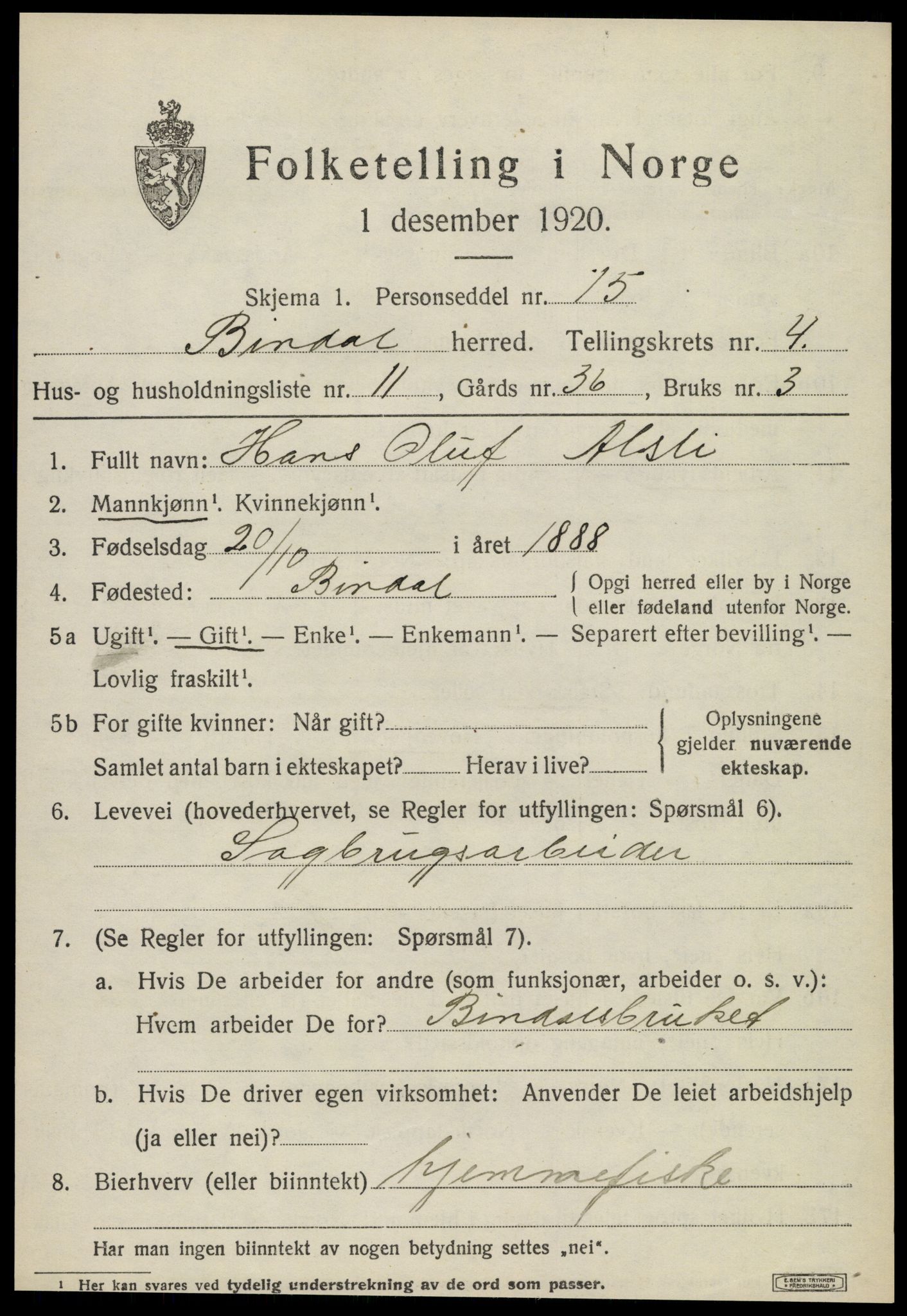 SAT, 1920 census for Bindal, 1920, p. 3487